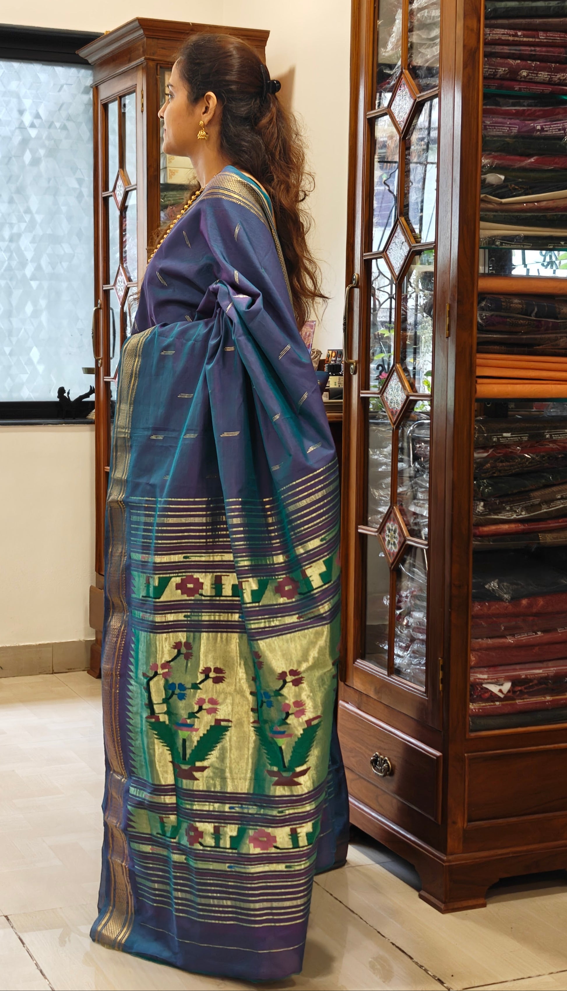 Pure Cotton Greenish Purple Asawali Paithani Saree