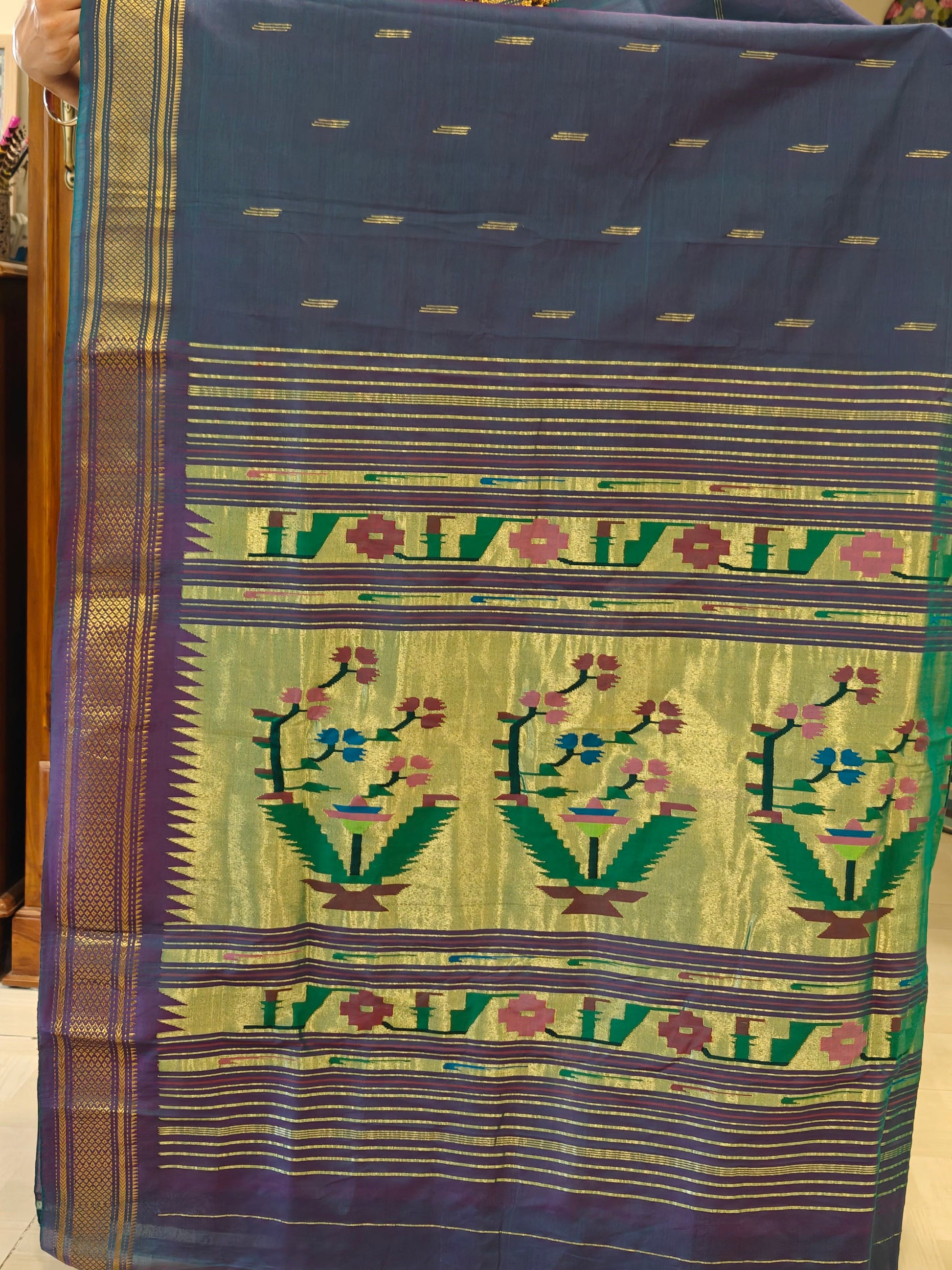 Pure Cotton Greenish Purple Asawali Paithani Saree