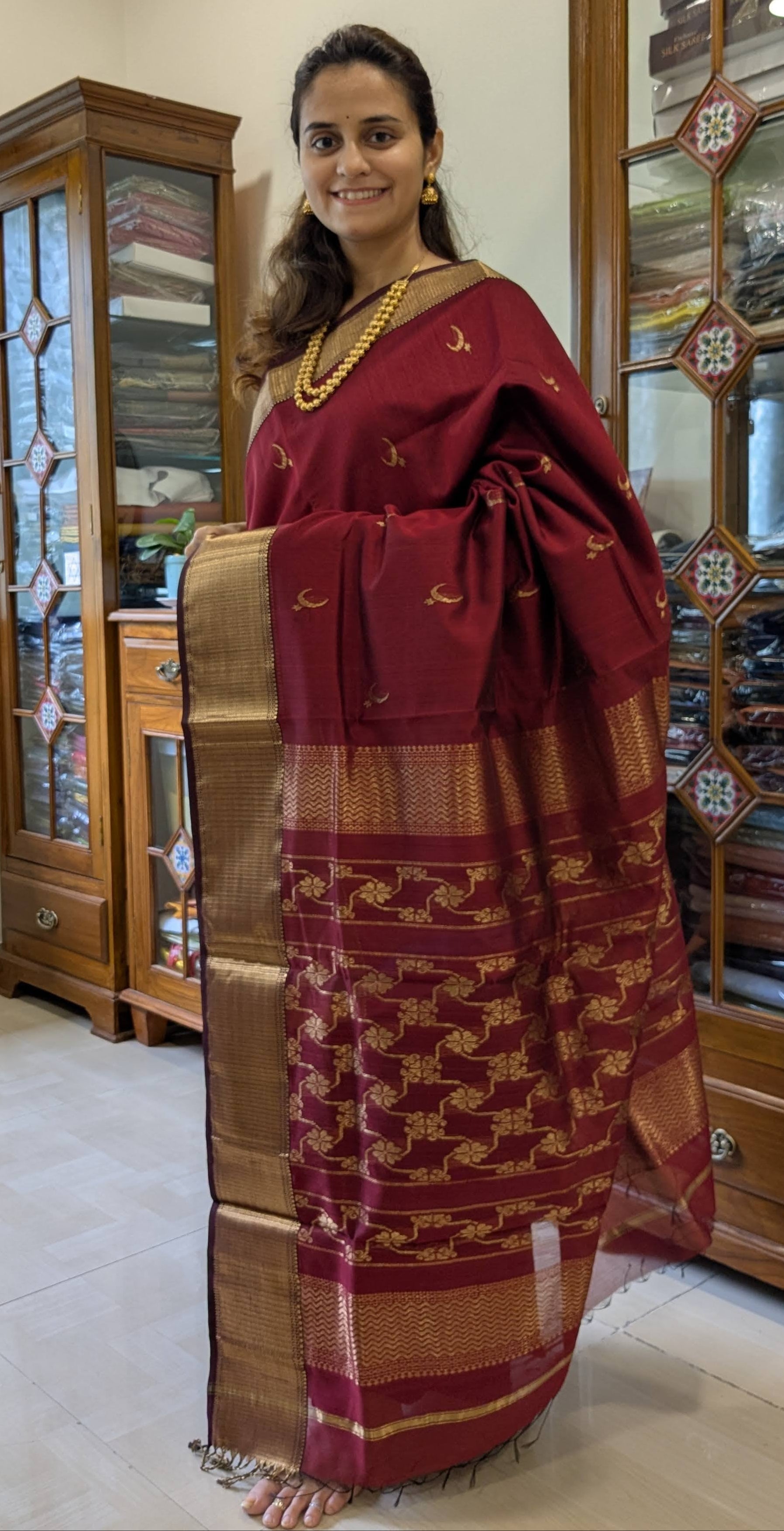 Full front view capturing the silk-cotton richness and festive charm.