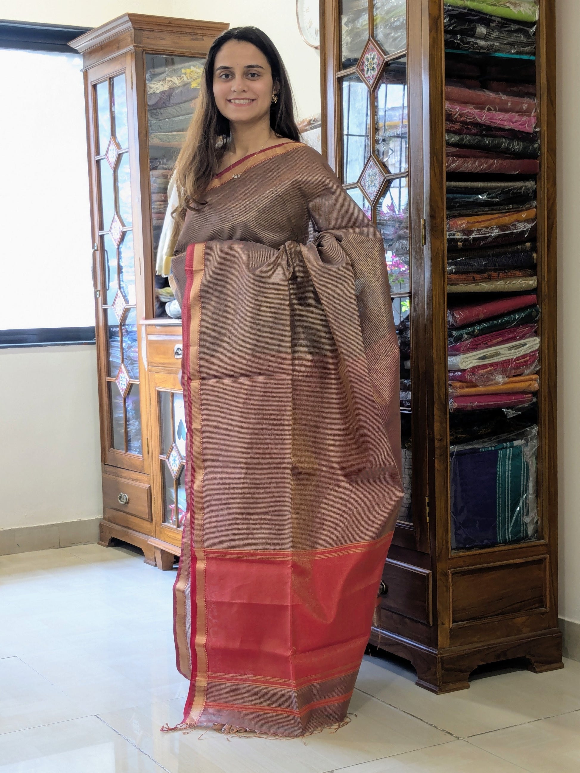 Purple Maheshwari Handloom Tissue Silk Saree