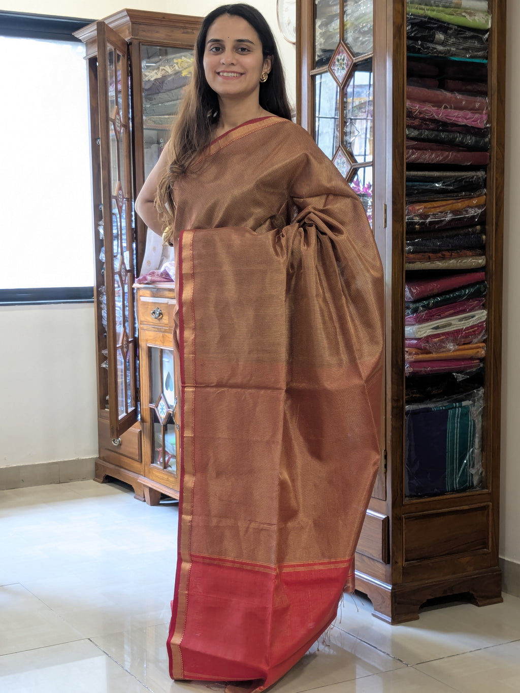 Maroon Maheshwari Handloom Tissue Silk Saree