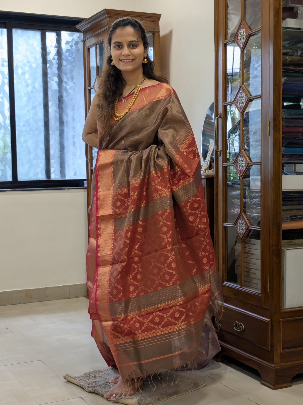 Full front view of Jamun Maheshwari saree showcasing silk-tissue sheen and festive elegance.