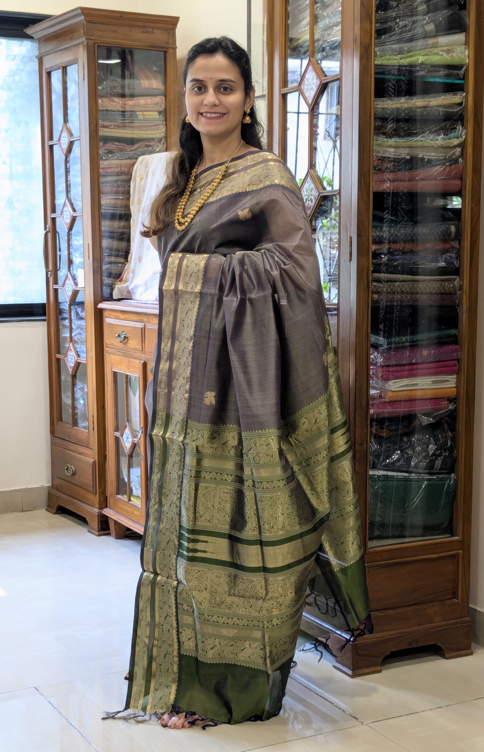 Grey Kanjeevaram Silk Cotton Saree with Green Stripes, Buttis & Zari Pallu