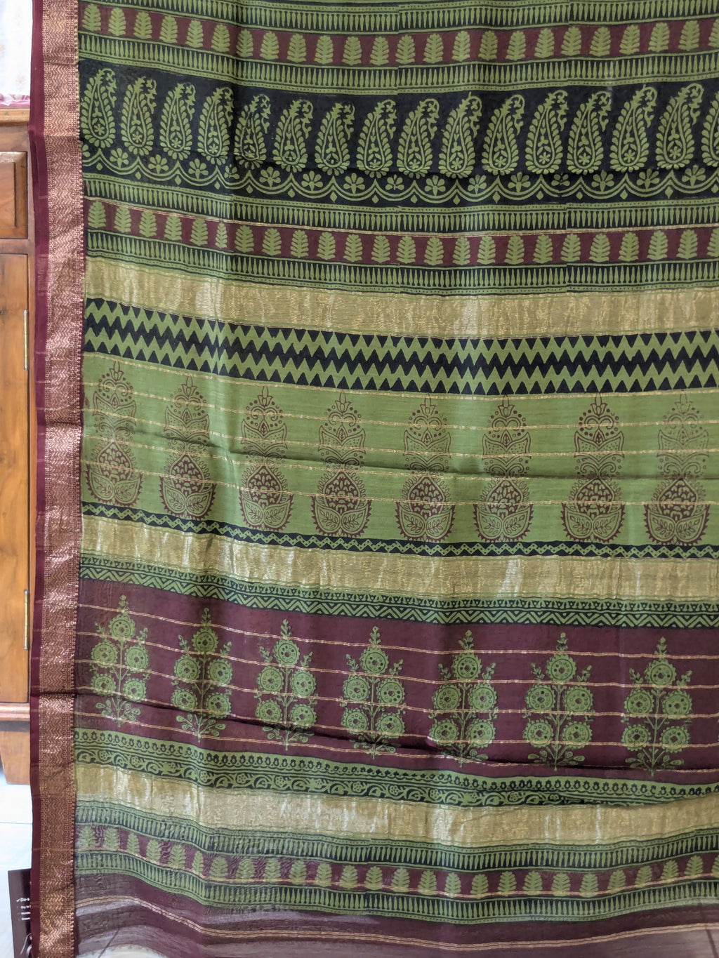 Maheshwari Mehendi Green Handloom Bagh Handblock Print Saree