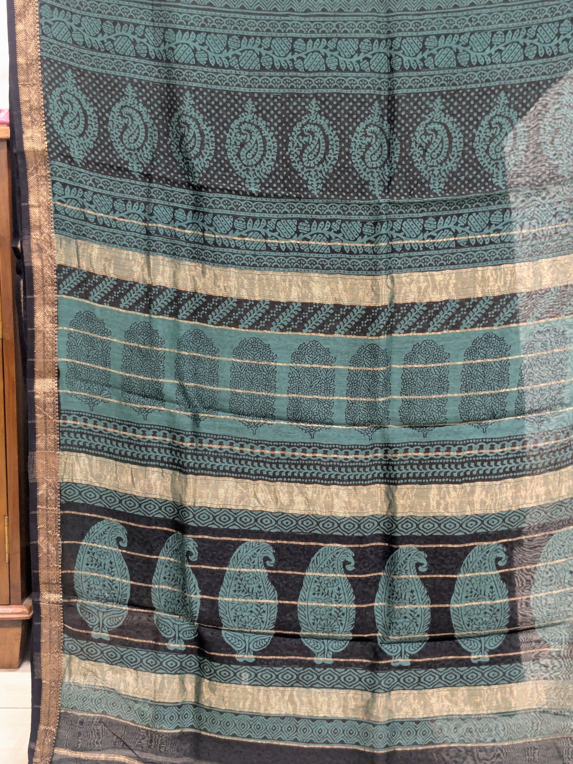 Maheshwari Peacock Green Handloom Bagh Handblock Print Saree