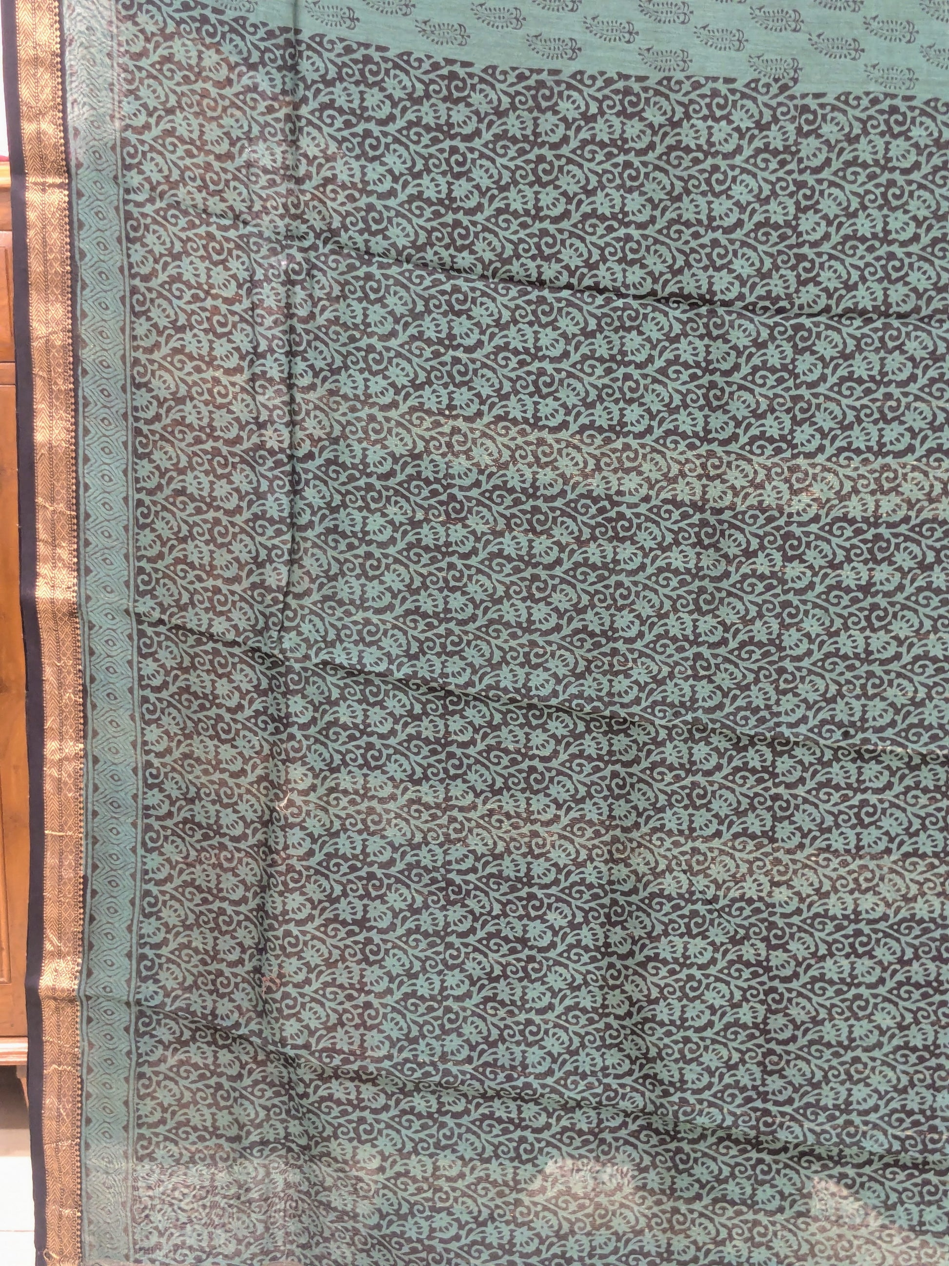 Maheshwari Peacock Green Handloom Bagh Handblock Print Saree