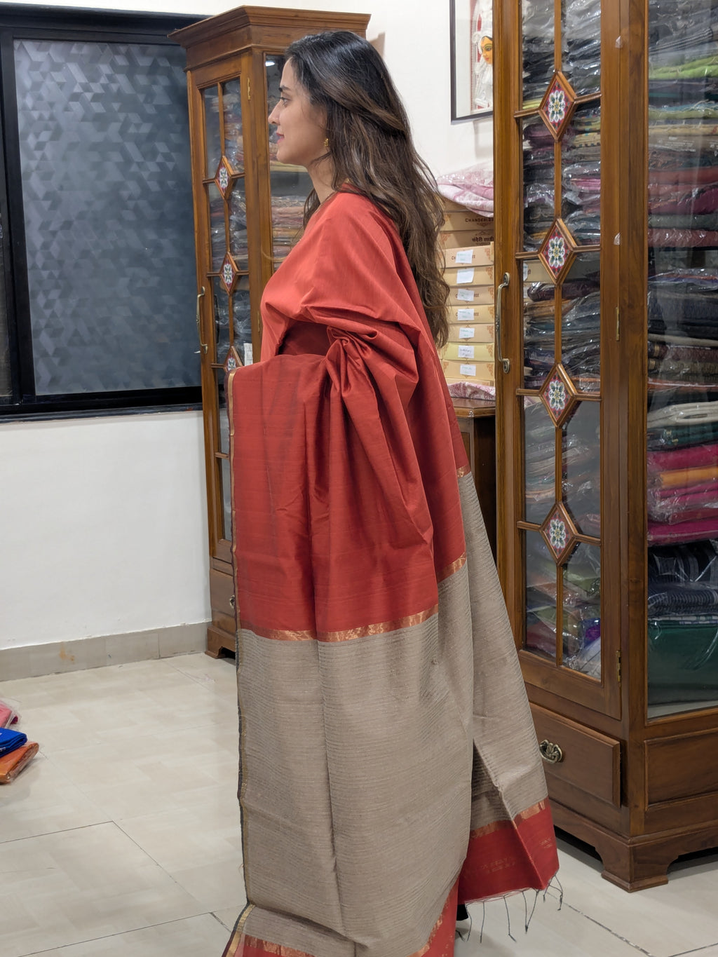 Carrot Red Maheshwari Handloom Kosa Silk Saree