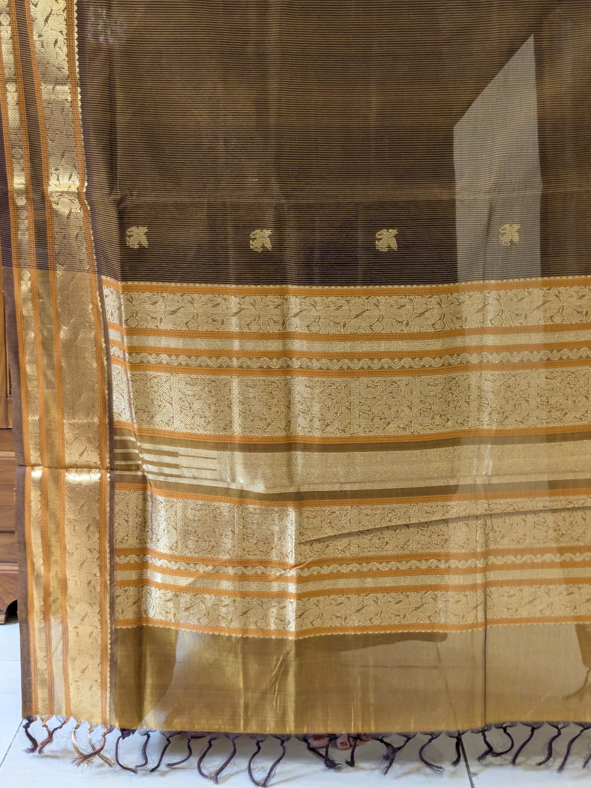Golden Kanjeevaram Silk Cotton Saree with Black Stripes, Buttis & Zari Pallu