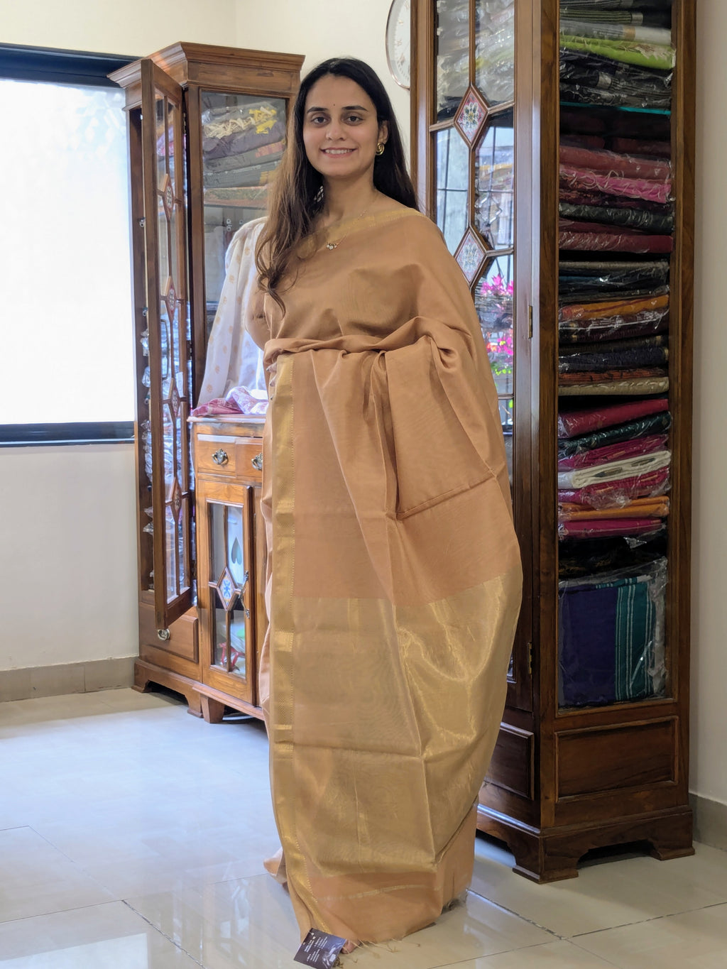 Maheshwari Light Brown Tissue Cotton Saree