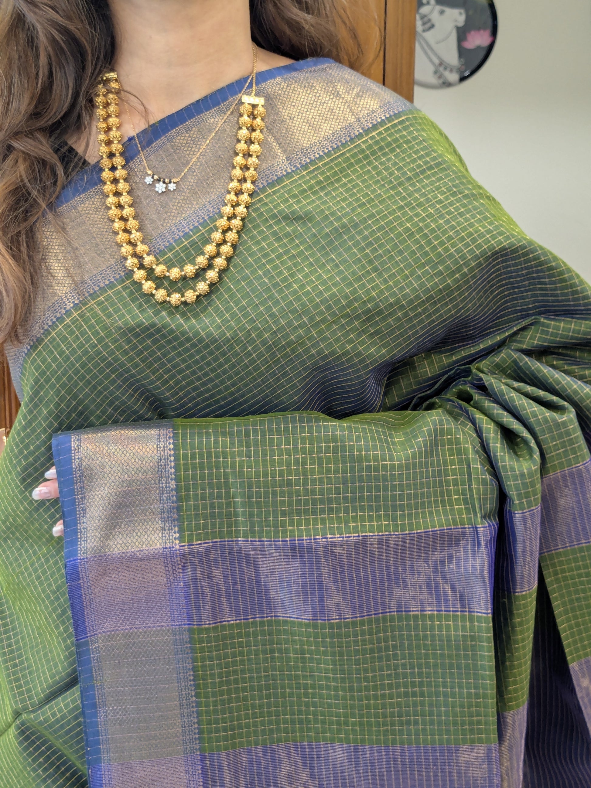 Handloom Green & Blue Maheshwari Zari Checks Saree