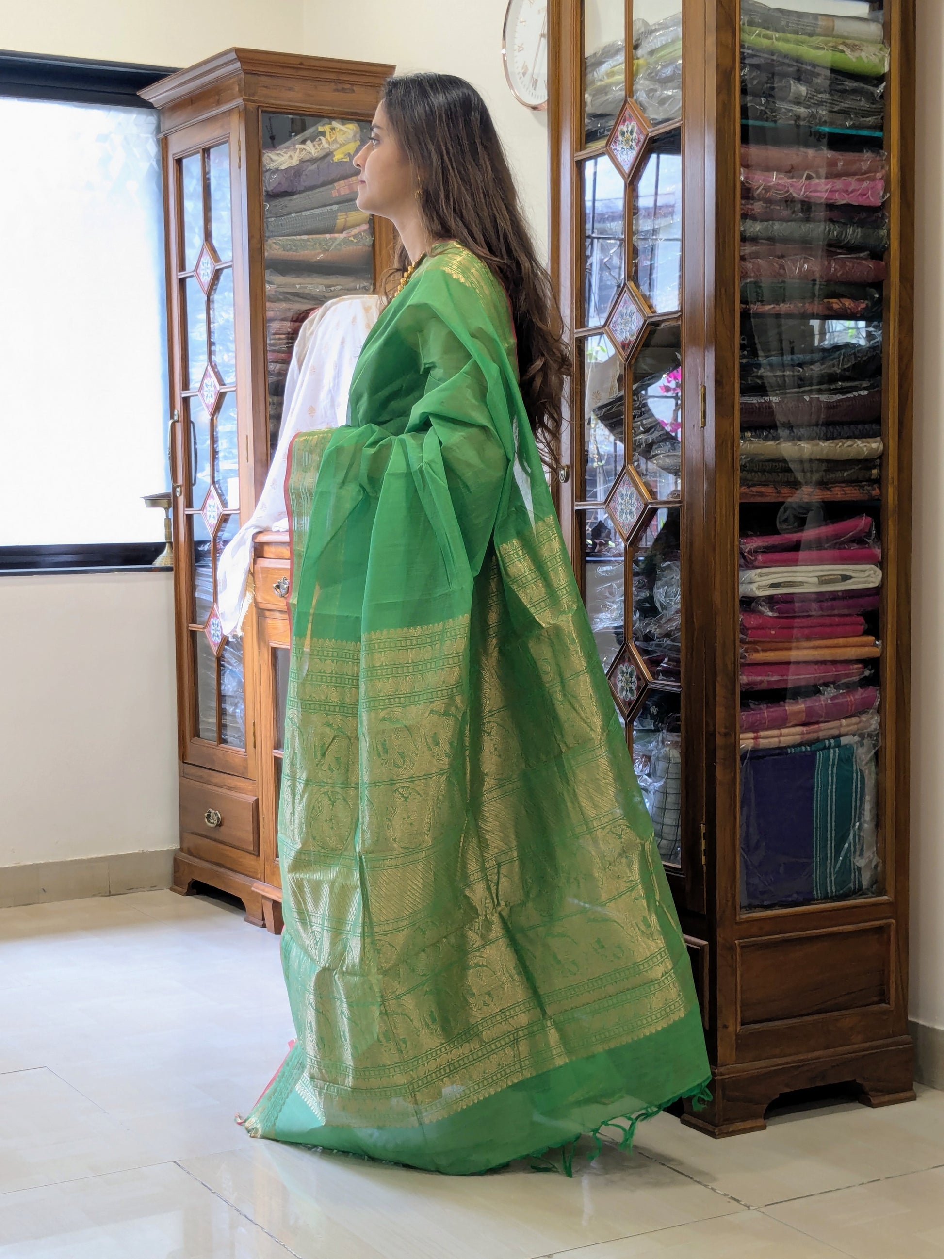 Handloom Cotton Light Green Kanjivaram Saree