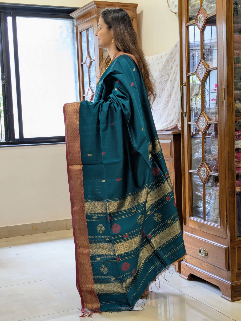 Silk Cotton Handloom Green Maheshwari Saree