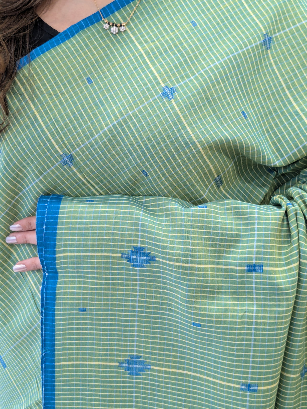 Handloom Pista Green Jamdani Saree with Checks