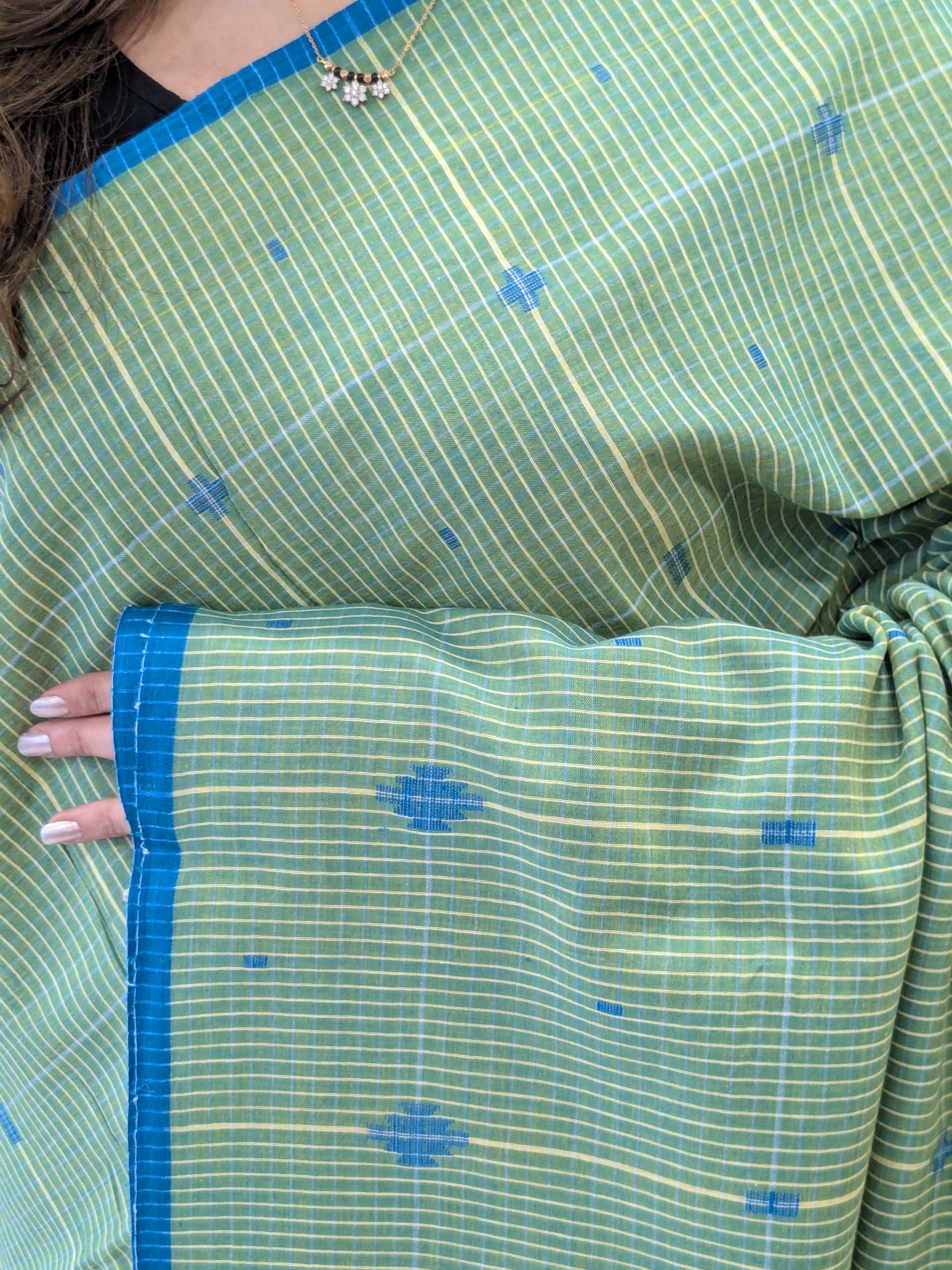 Handloom Pista Green Jamdani Saree with Checks