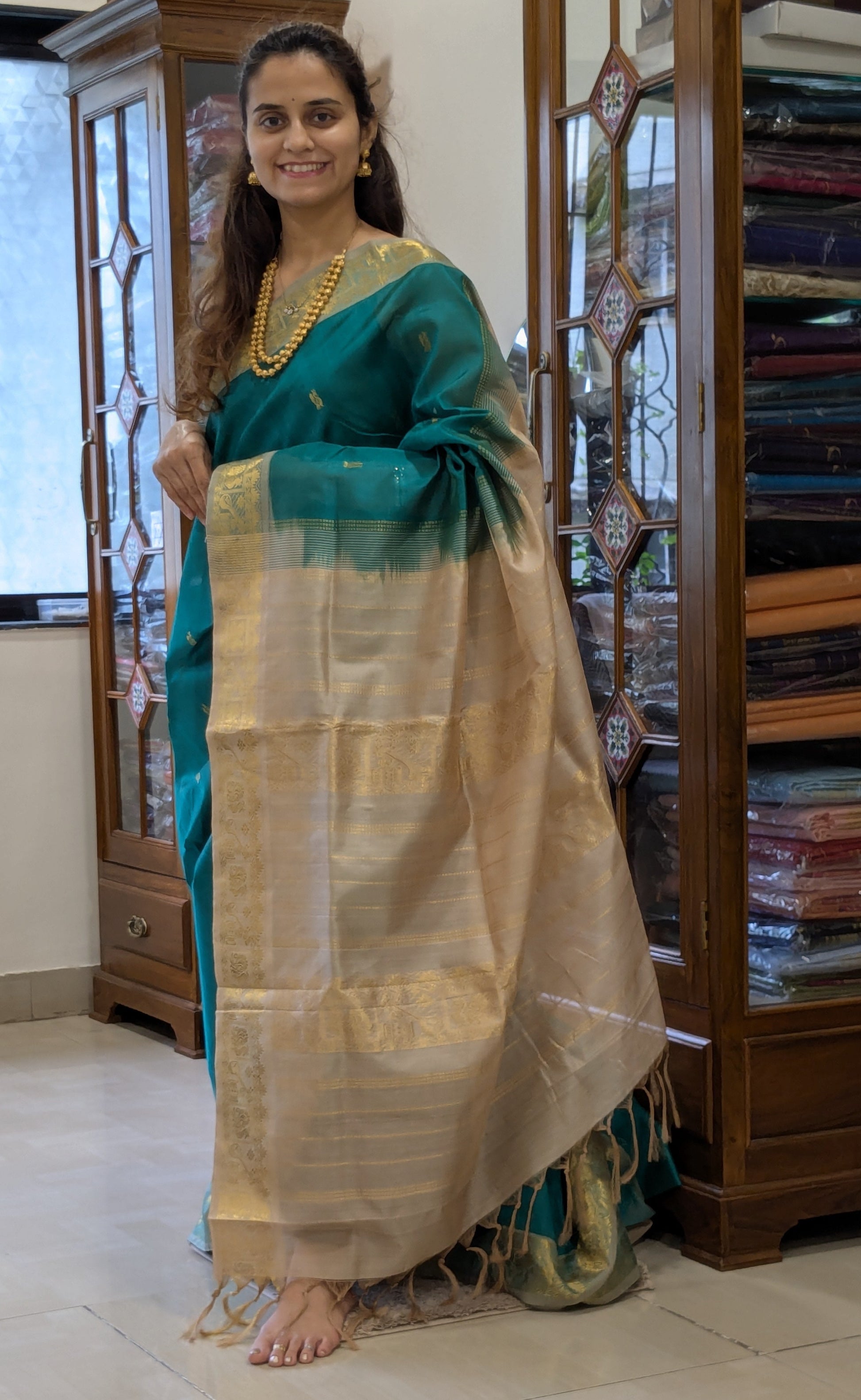 Green and Beige Silk Cotton Kanjivaram Saree