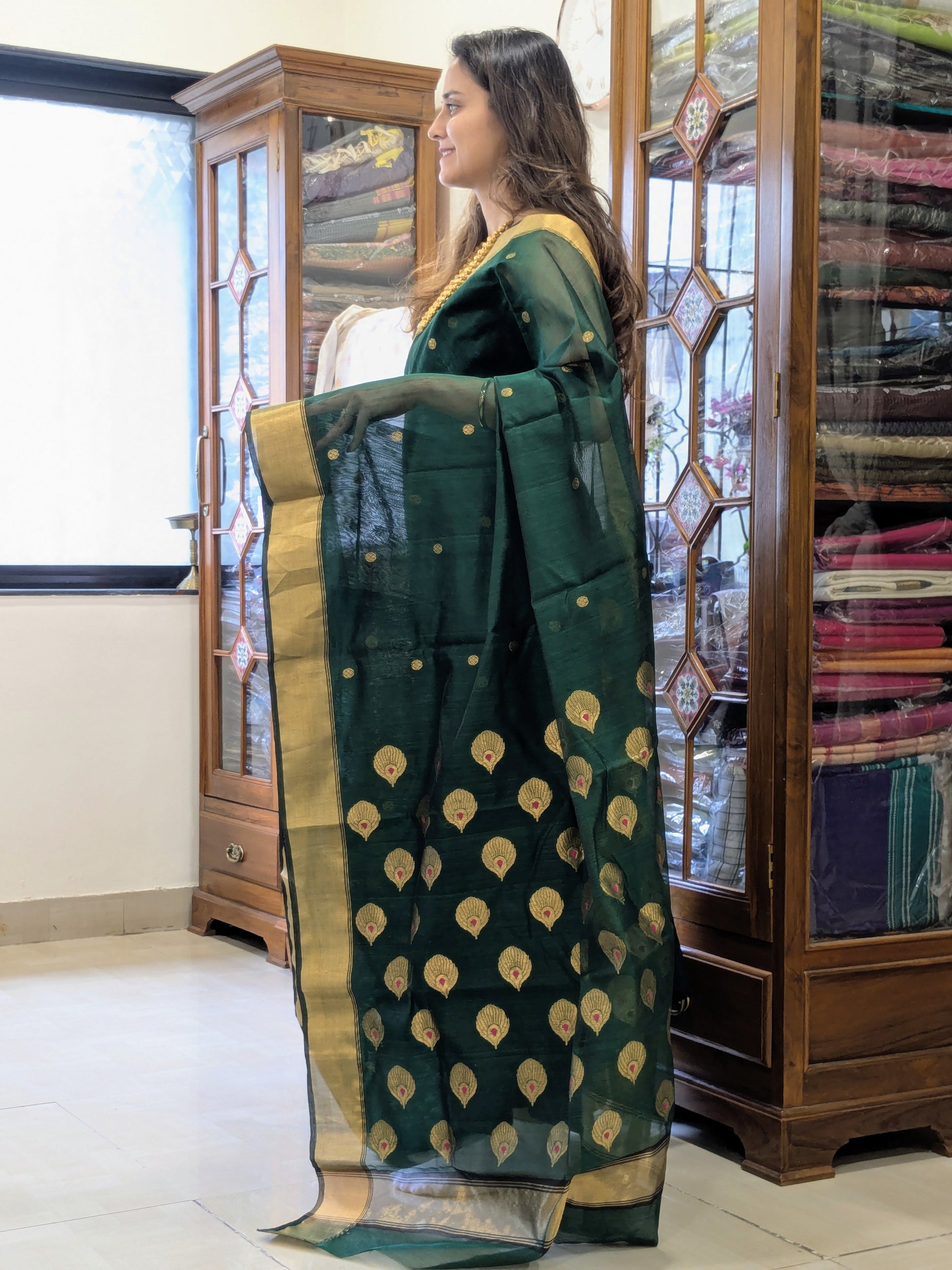 Bottle Green Chanderi Cotton Silk Saree