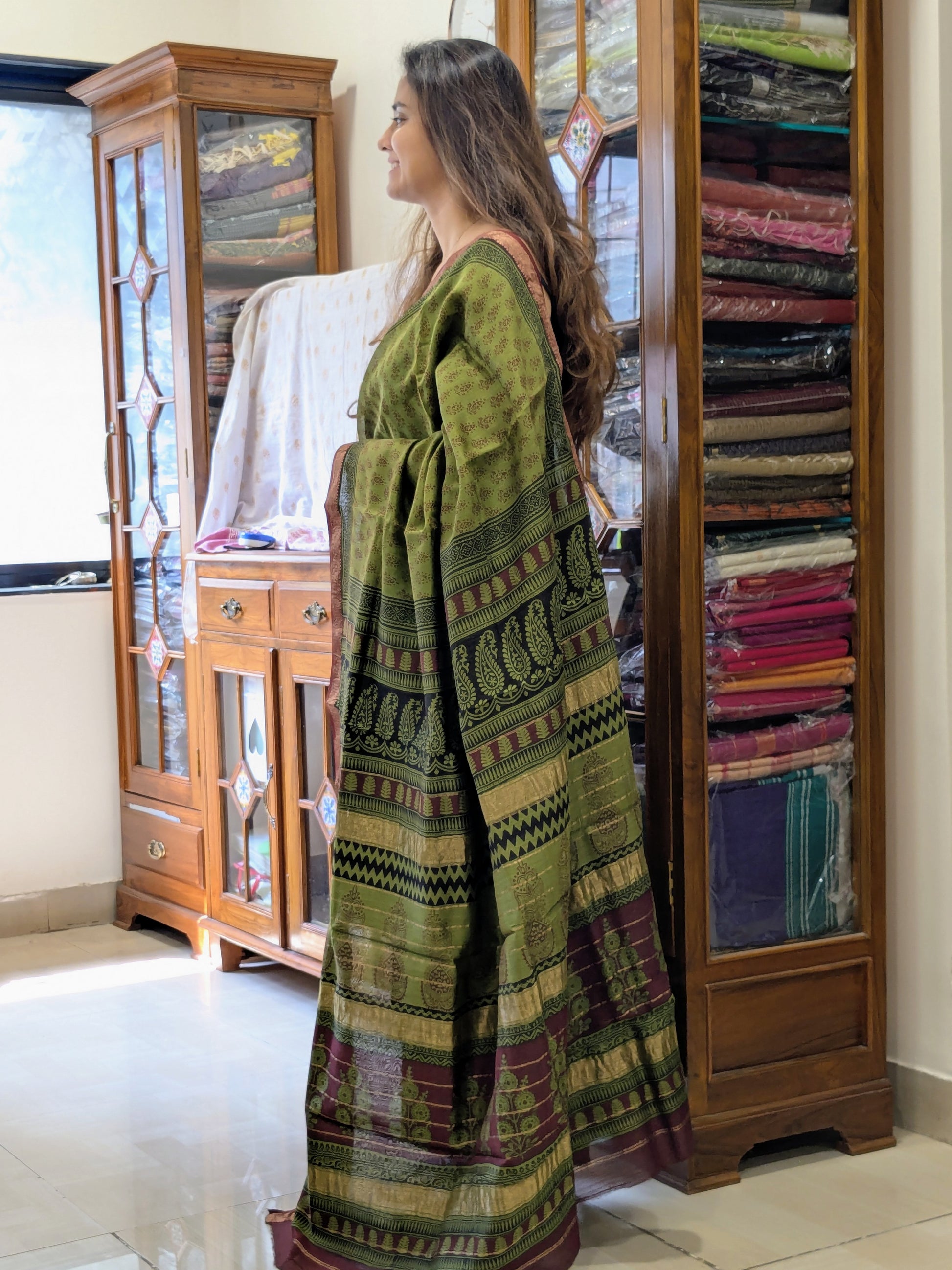 Maheshwari Mehendi Green Handloom Bagh Handblock Print Saree