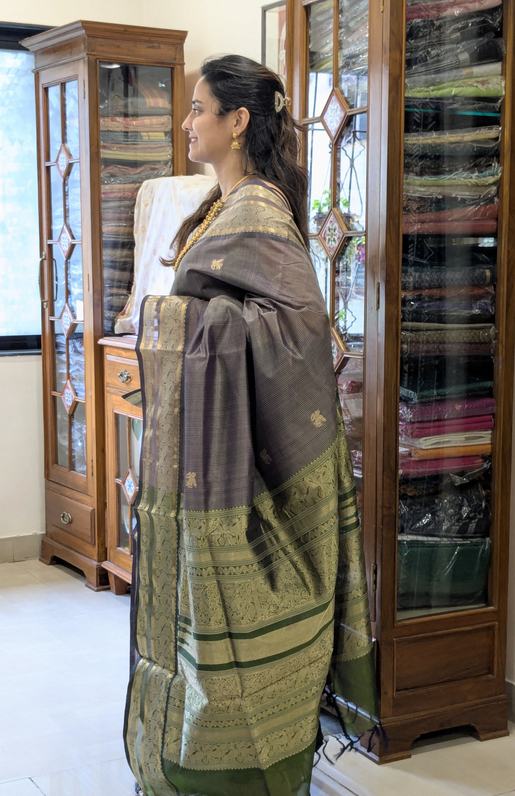 Grey Kanjeevaram Silk Cotton Saree with Green Stripes, Buttis & Zari Pallu