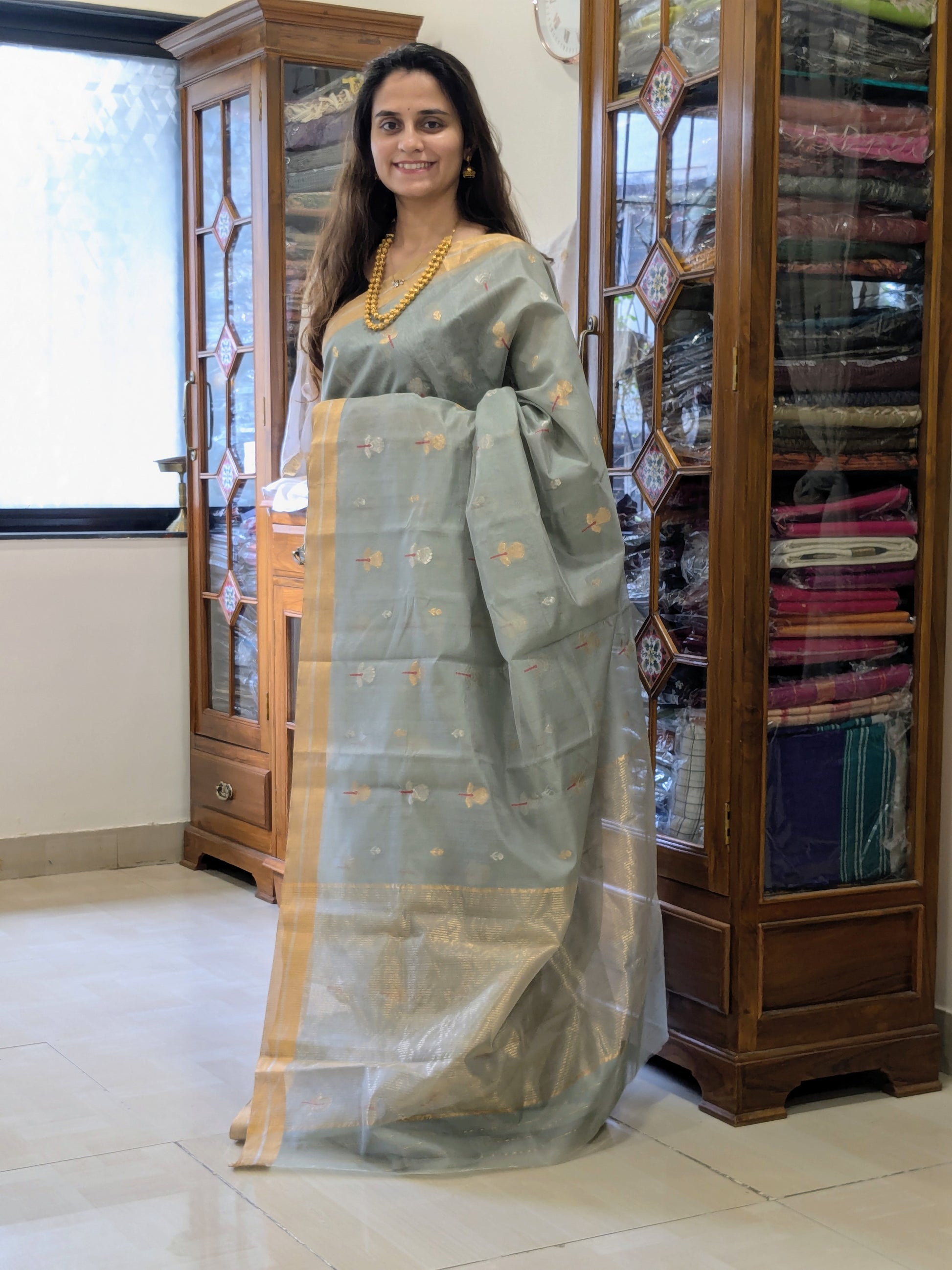 Grey Chanderi Cotton Silk Saree
