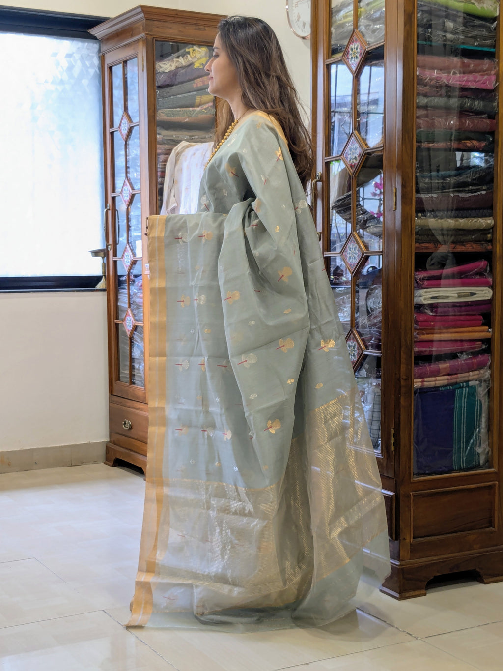 Grey Chanderi Cotton Silk Saree