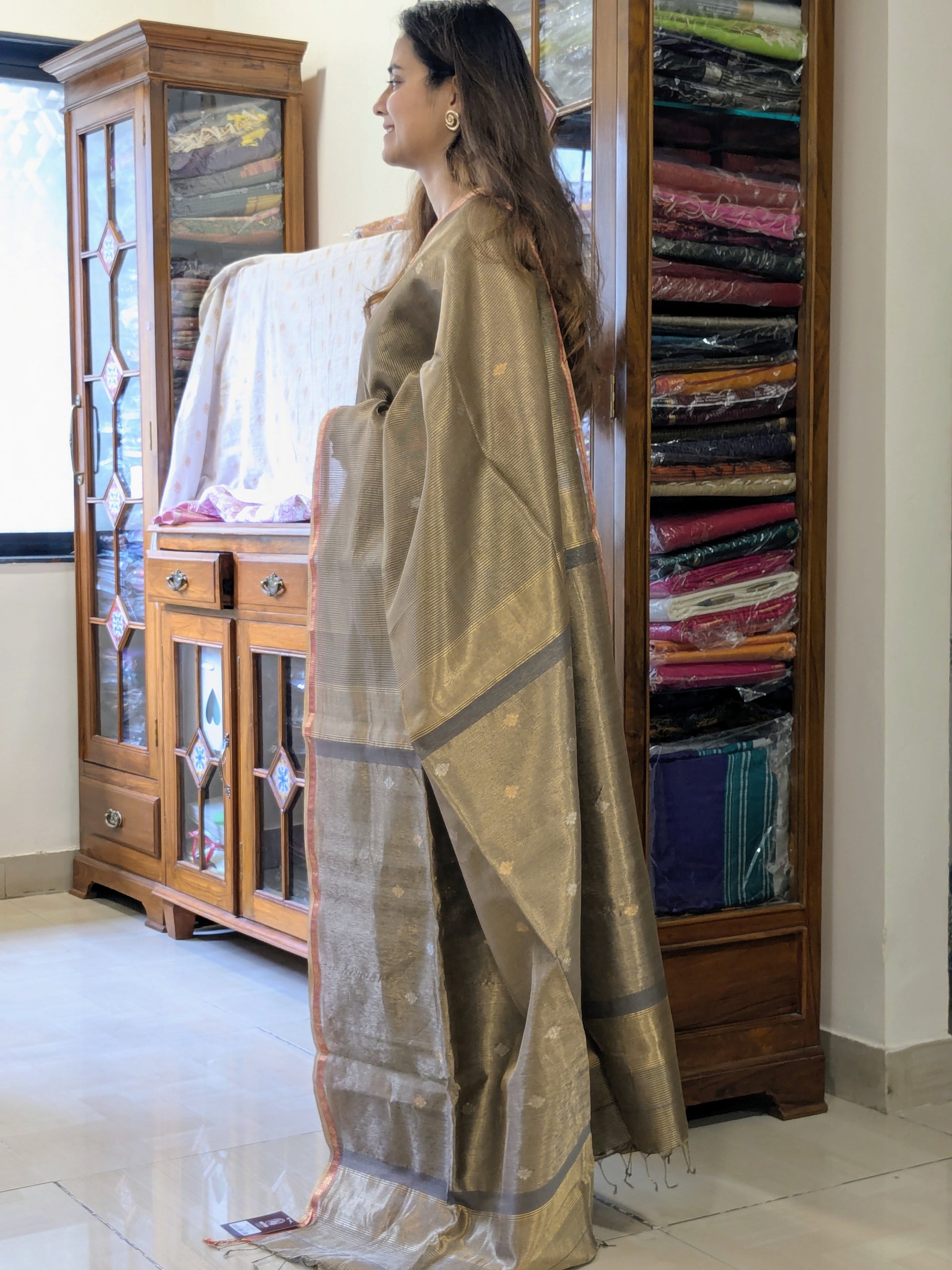 Maheshwari Grey Silk Tissue Saree