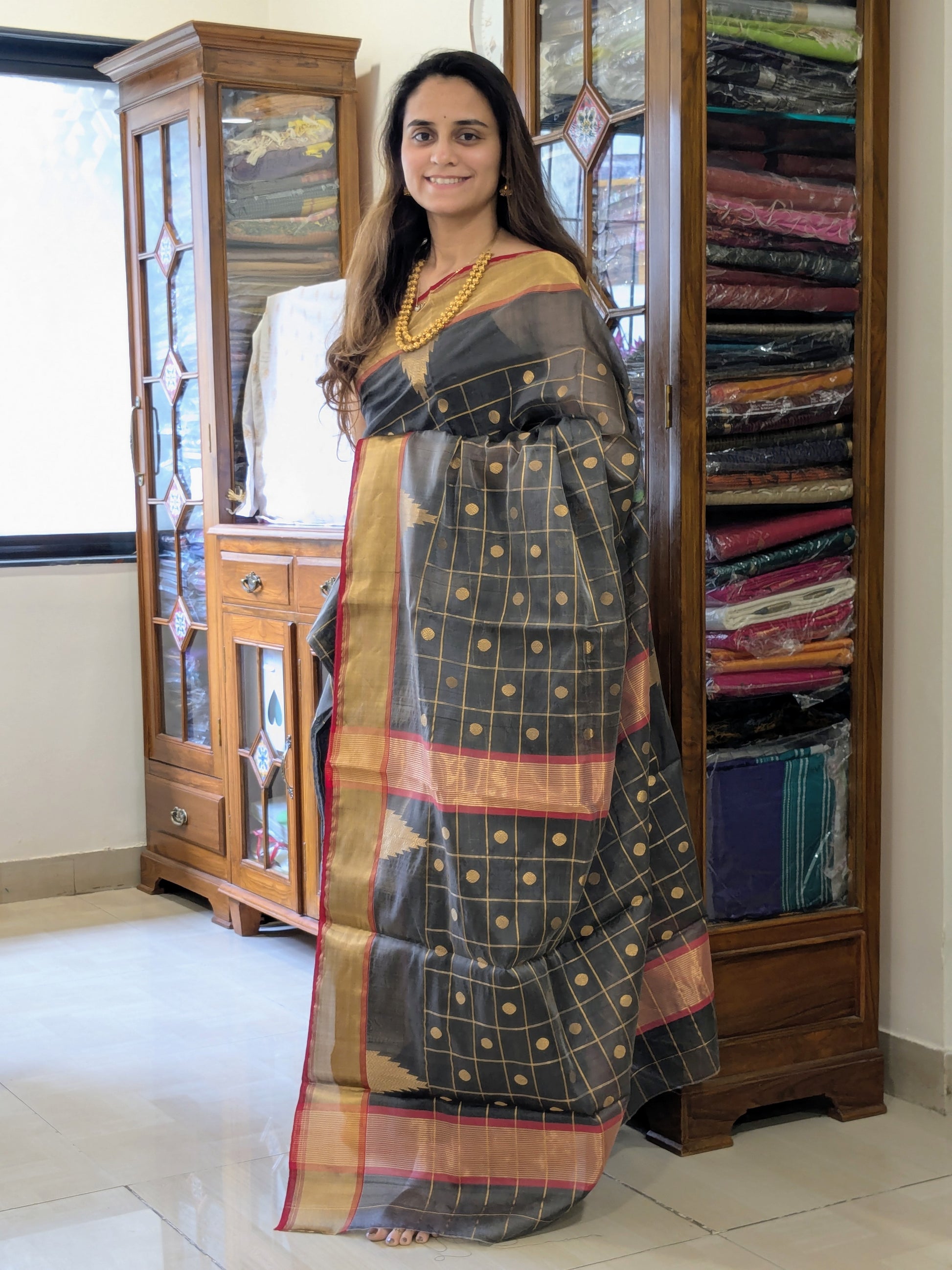 Handloom Grey Chanderi Silk Saree with Checks