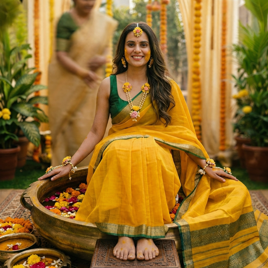 Garbh Reshmi Yellow Maheshwari Handloom Saree