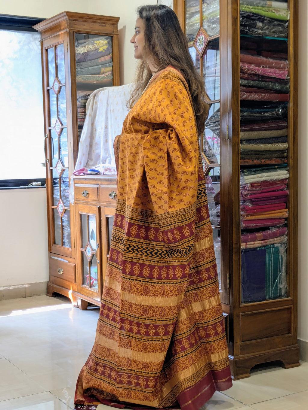 Maheshwari Yellow Handloom Bagh Handblock Print Saree