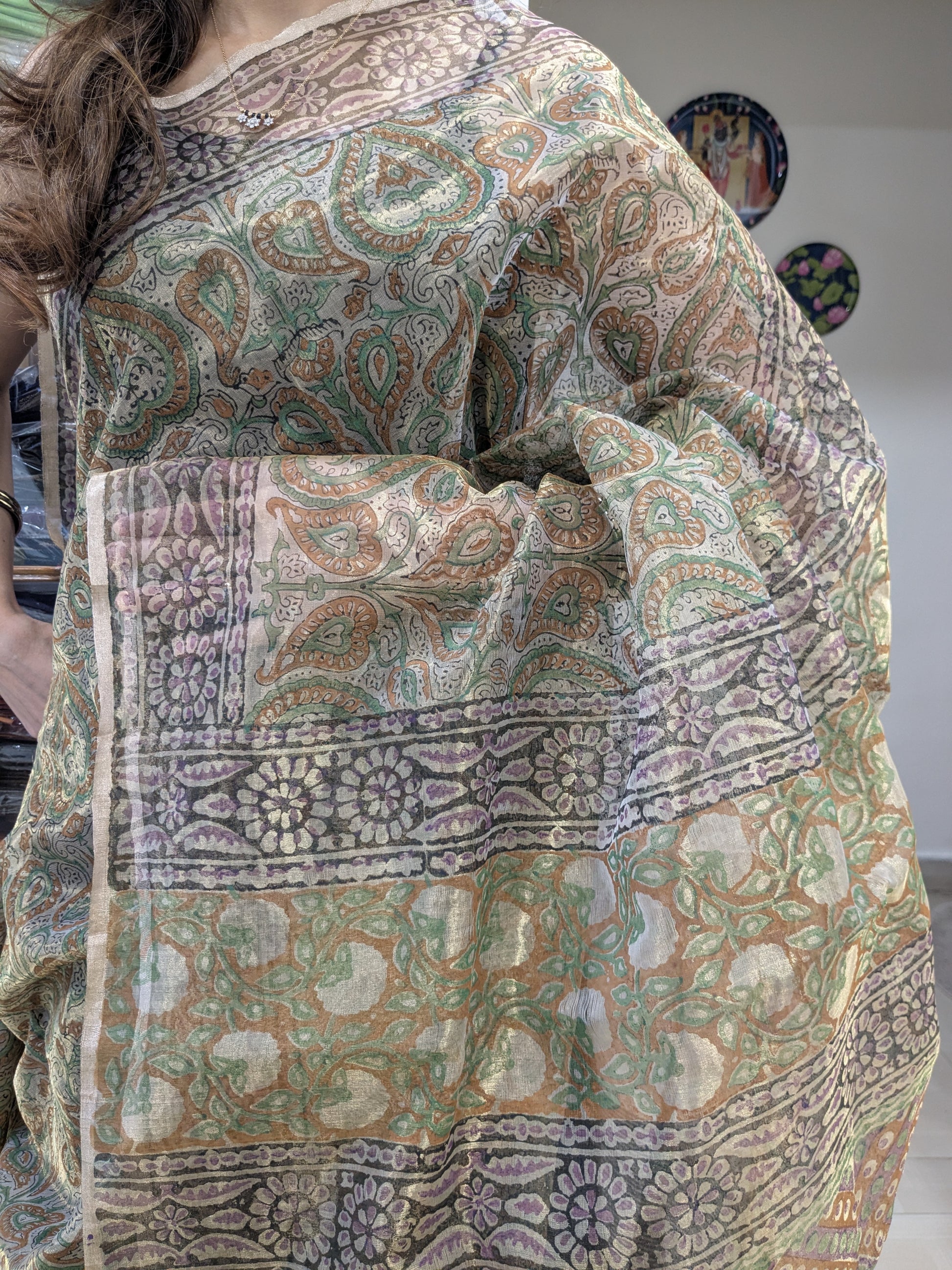 Close-up of hand block printed motifs that showcase the precision of traditional craftsmanship.