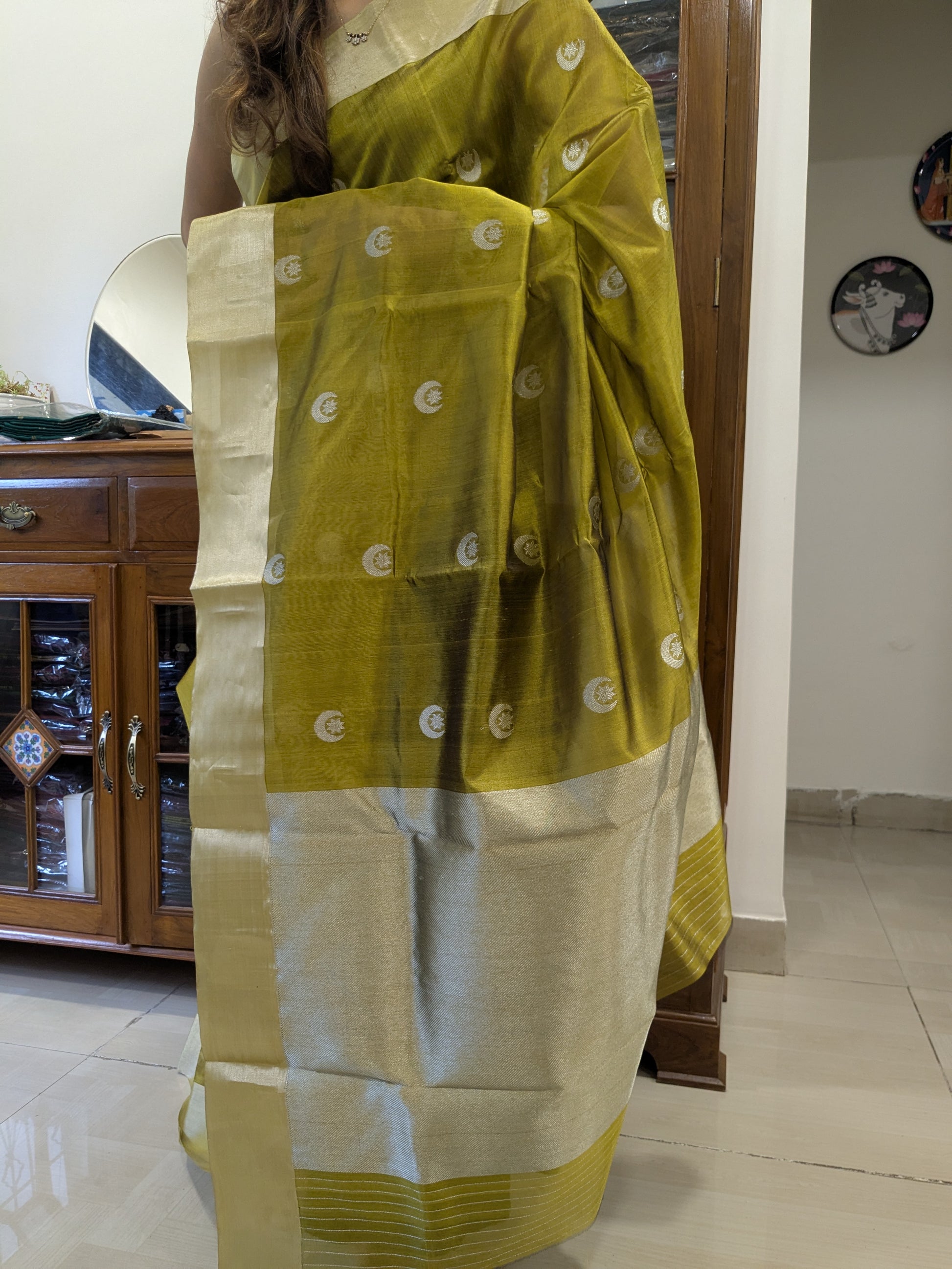 Detailed image of richly woven heavy pallu with moon and flower designs in classic Chanderi style.