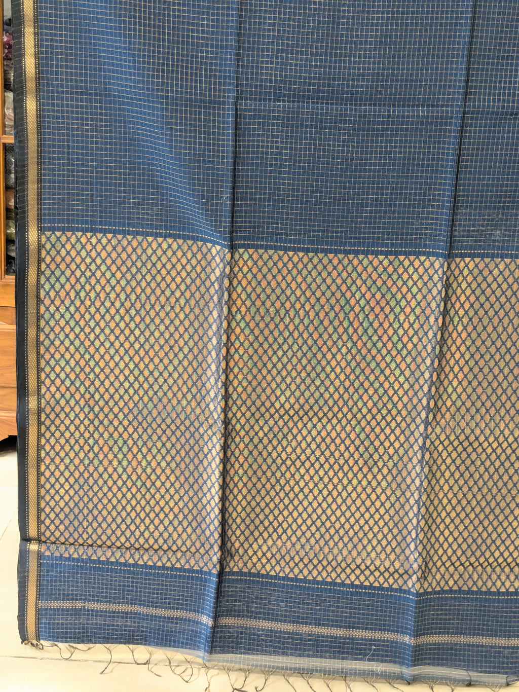 Maheshwari Zari Checks Blue Saree with Heavy Pallu