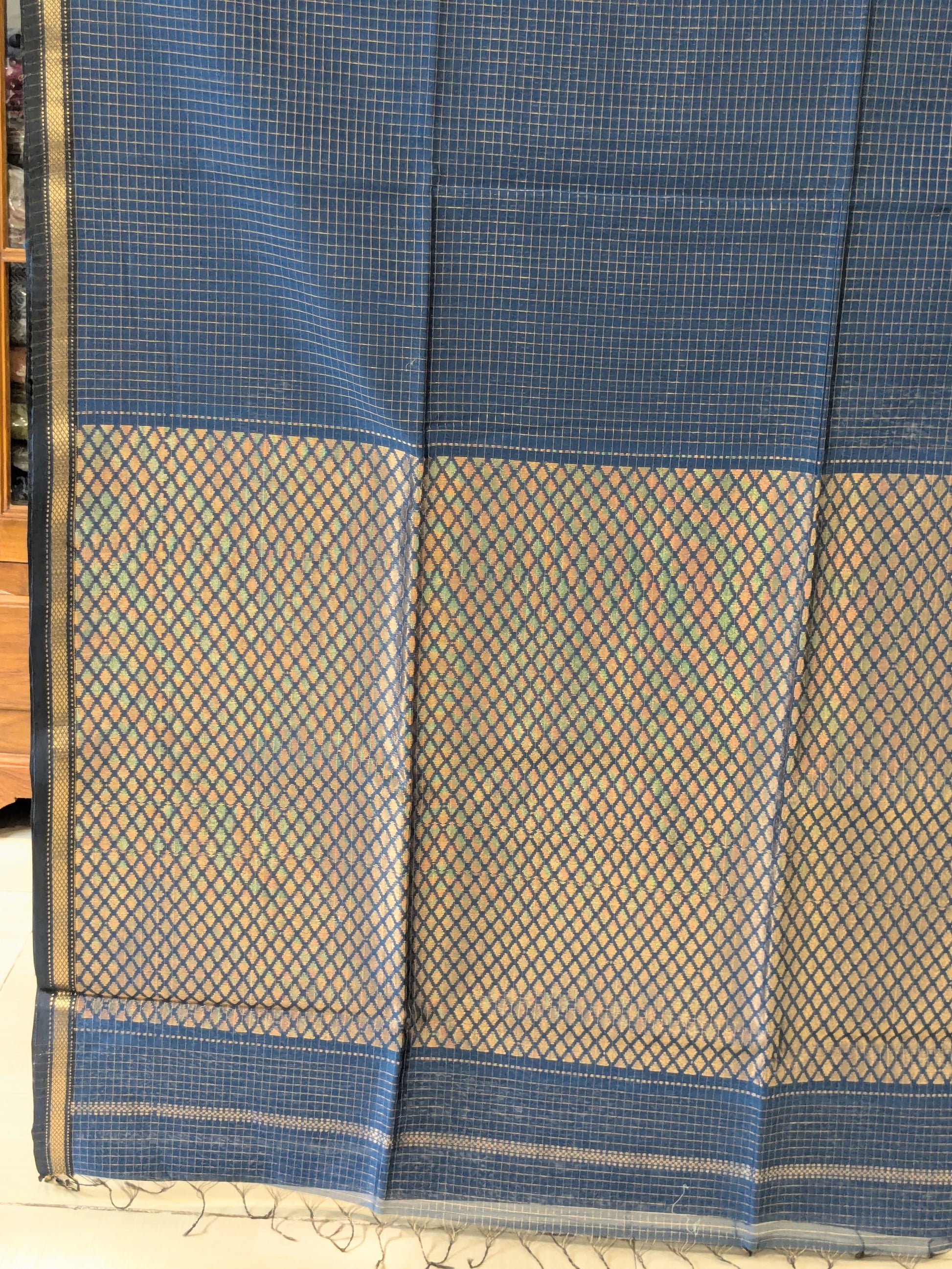 Maheshwari Zari Checks Blue Saree with Heavy Pallu