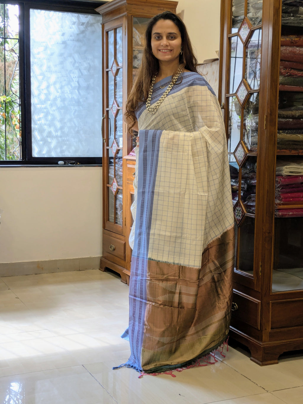 Handloom Ilkal White Cotton Saree with Checks