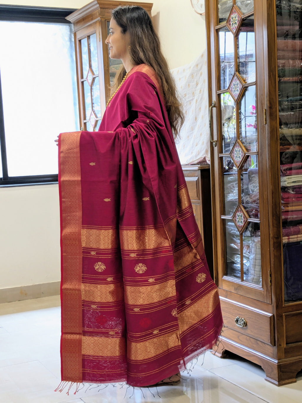 Silk Cotton Maheshwari Magenta Handloom Saree