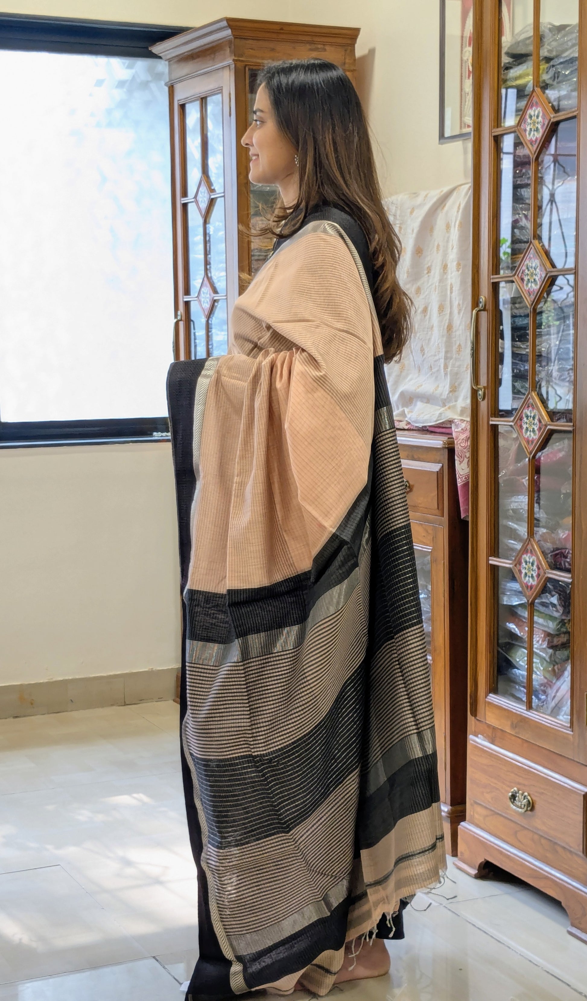 Maheshwari Peach Saree with Black Resham Border