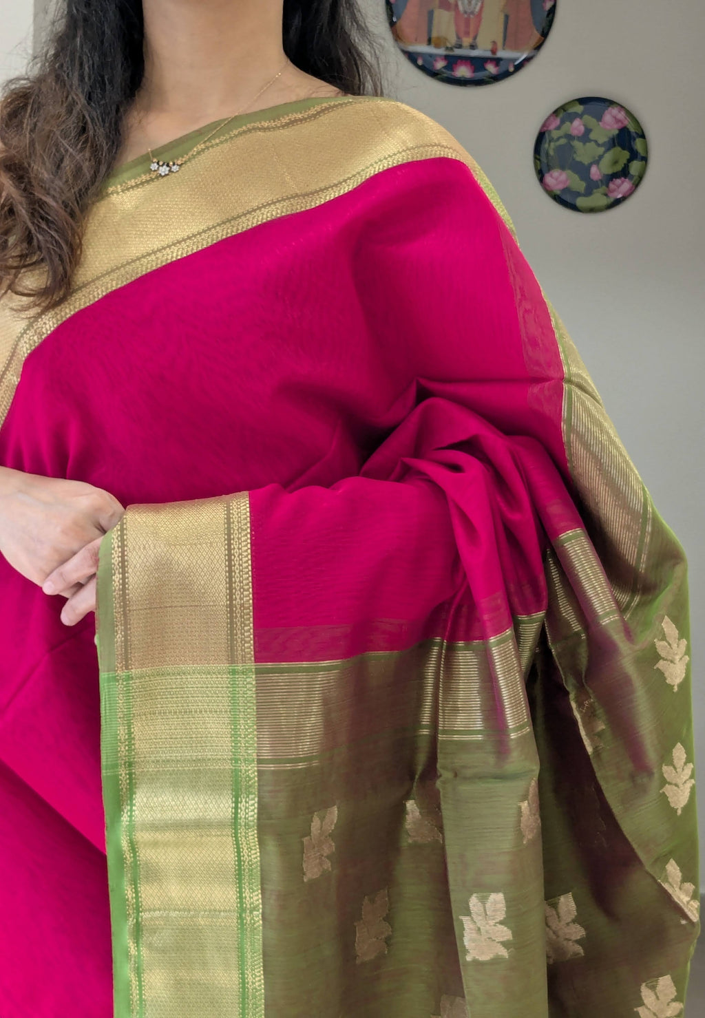 Maheshwari Silk Cotton Pink and Green Saree