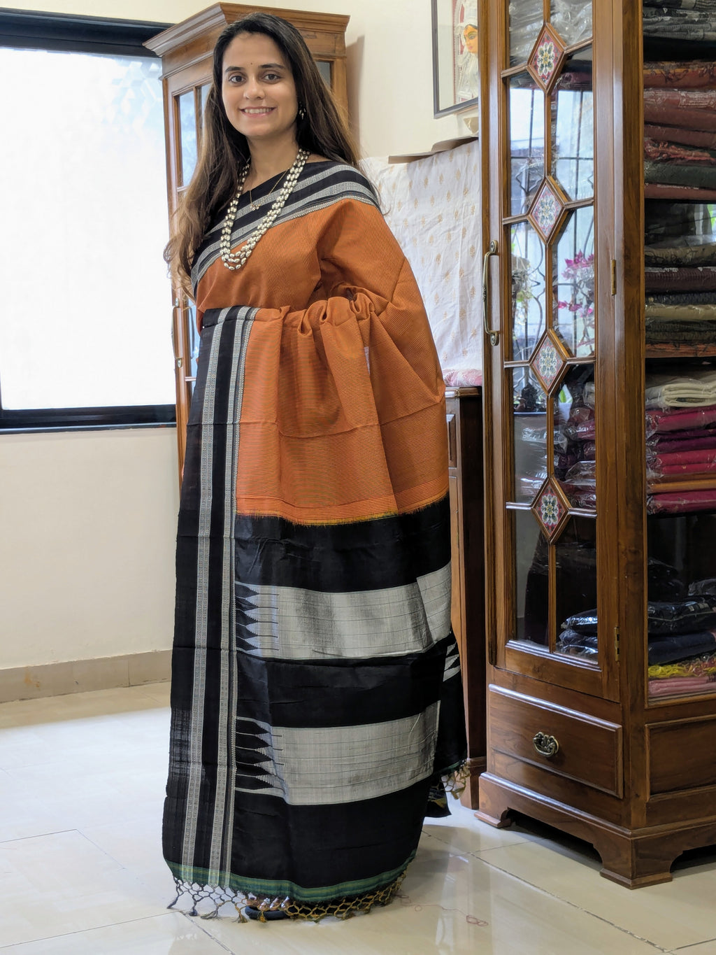 Handloom Ilkal Orange and Black Saree