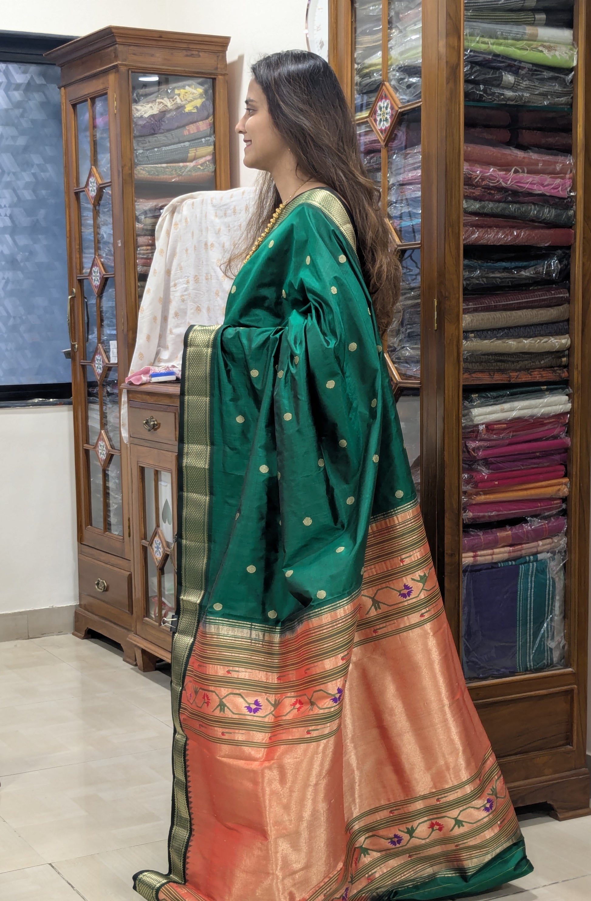 Bottle Green Pure Silk Paithani Saree with Zari Tawa Pallu
