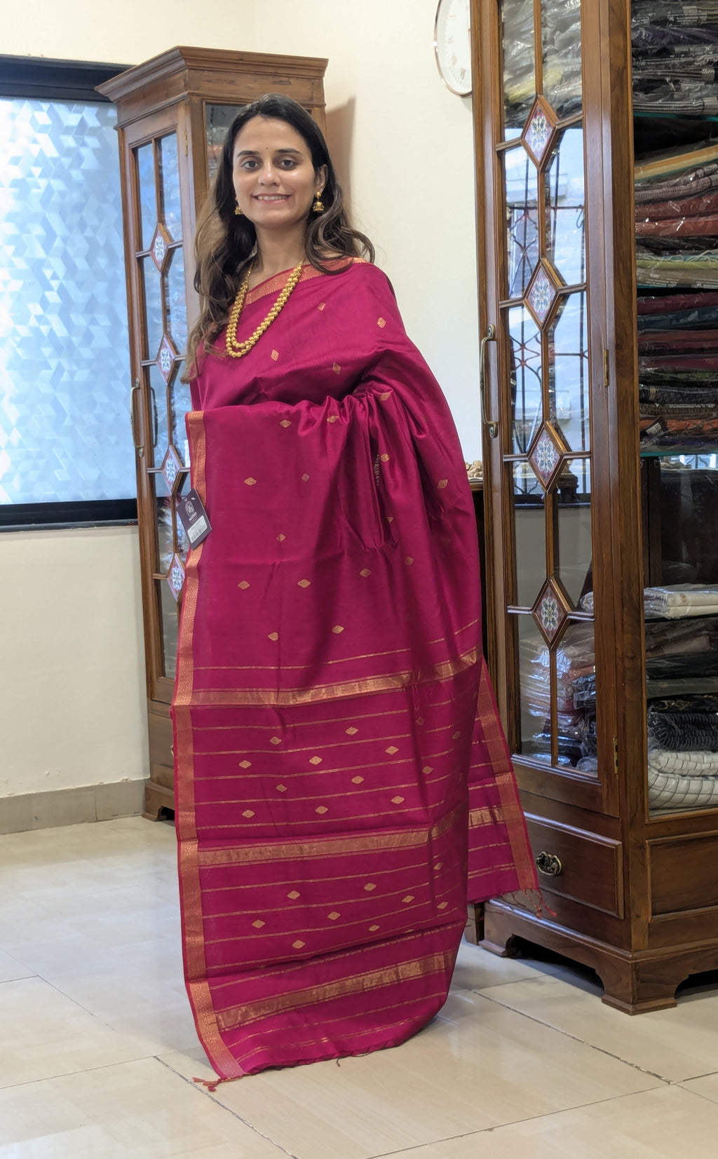 Rani Pink Maheshwari Silk Cotton Saree with Buttidar Pallu