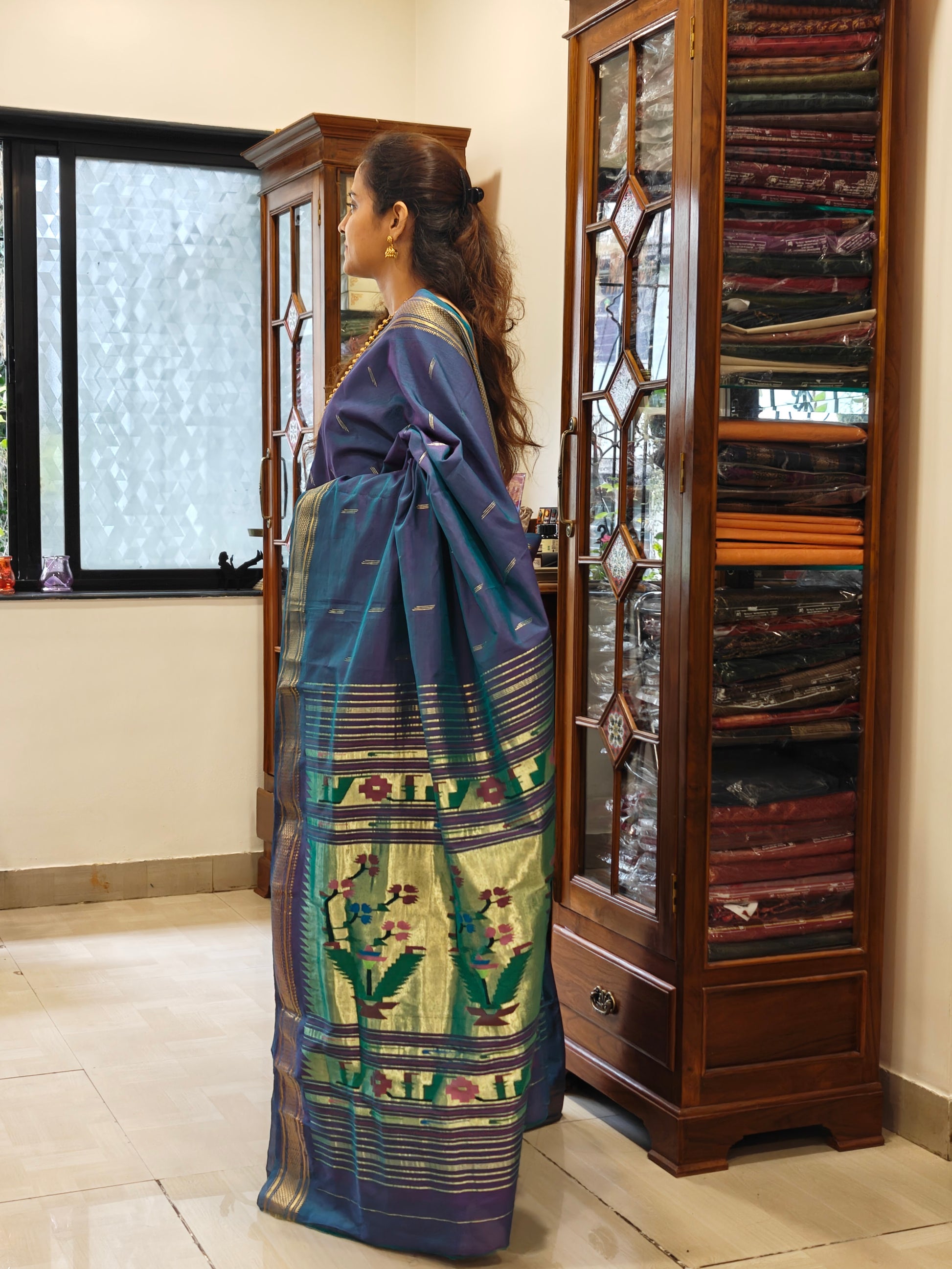 Pure Cotton Bluish Purple Asawali Paithani Saree