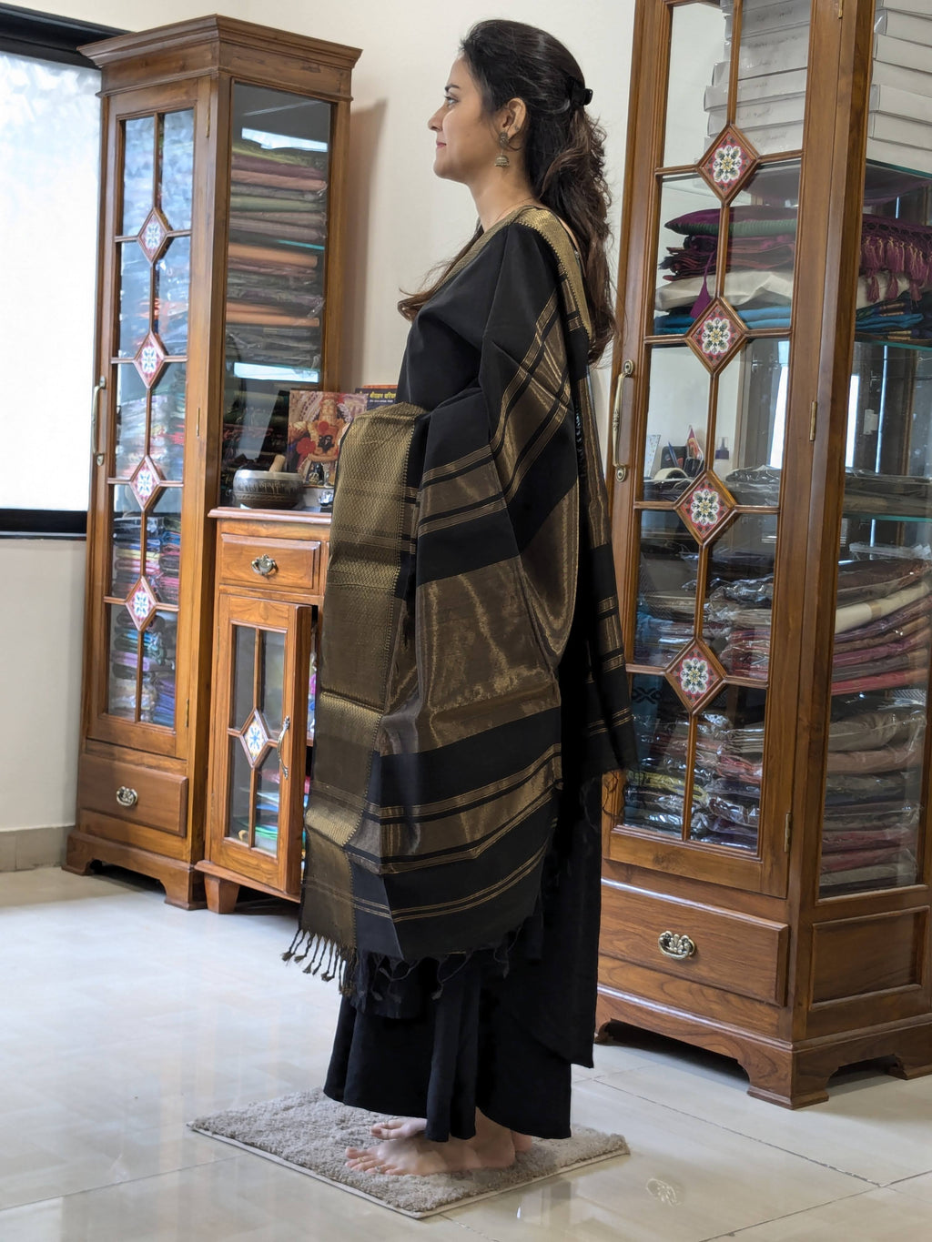 Maheshwari Plain Black Saree with Golden Border