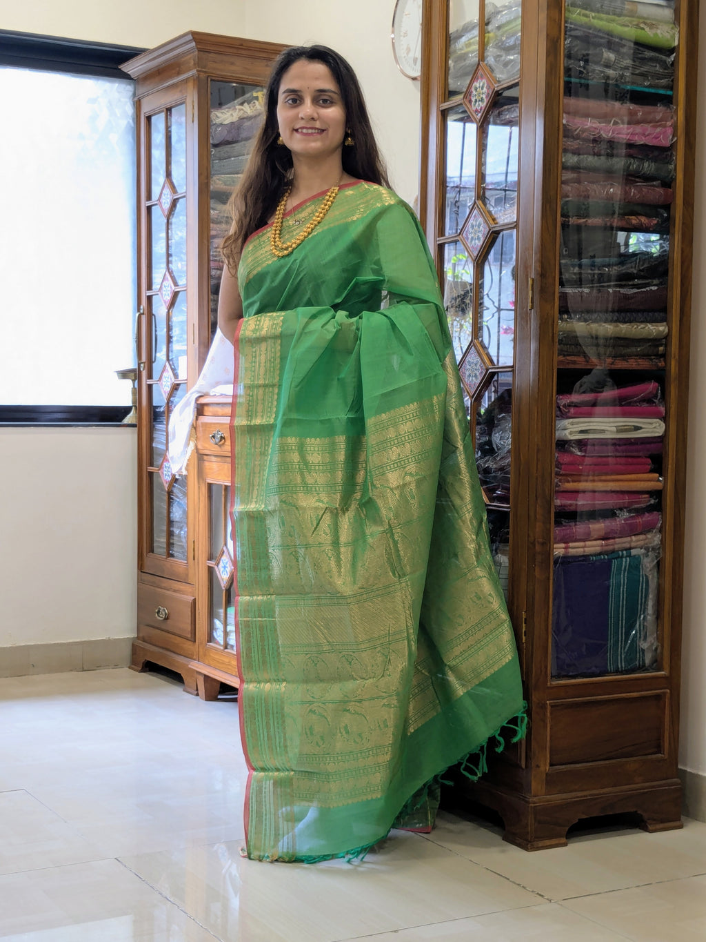 Handloom Cotton Light Green Kanjivaram Saree