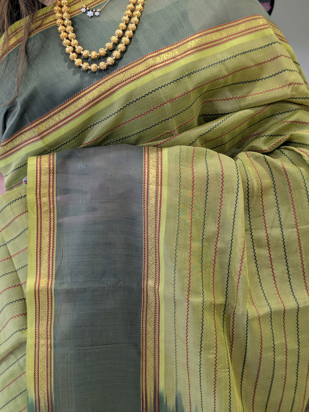 Silk Cotton Green Kanjivaram Veldhari Saree