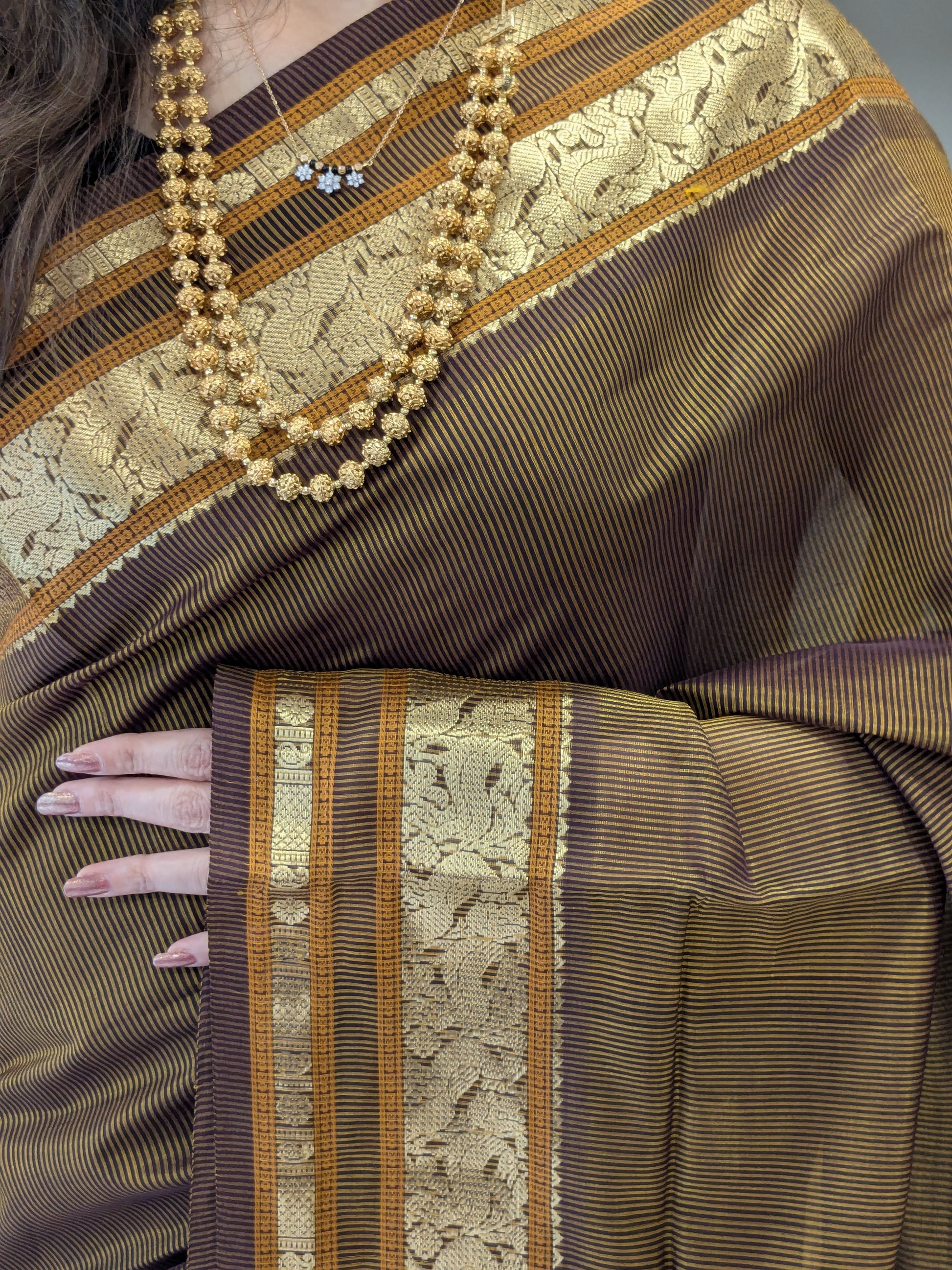 Golden Kanjeevaram Silk Cotton Saree with Black Stripes, Buttis & Zari Pallu