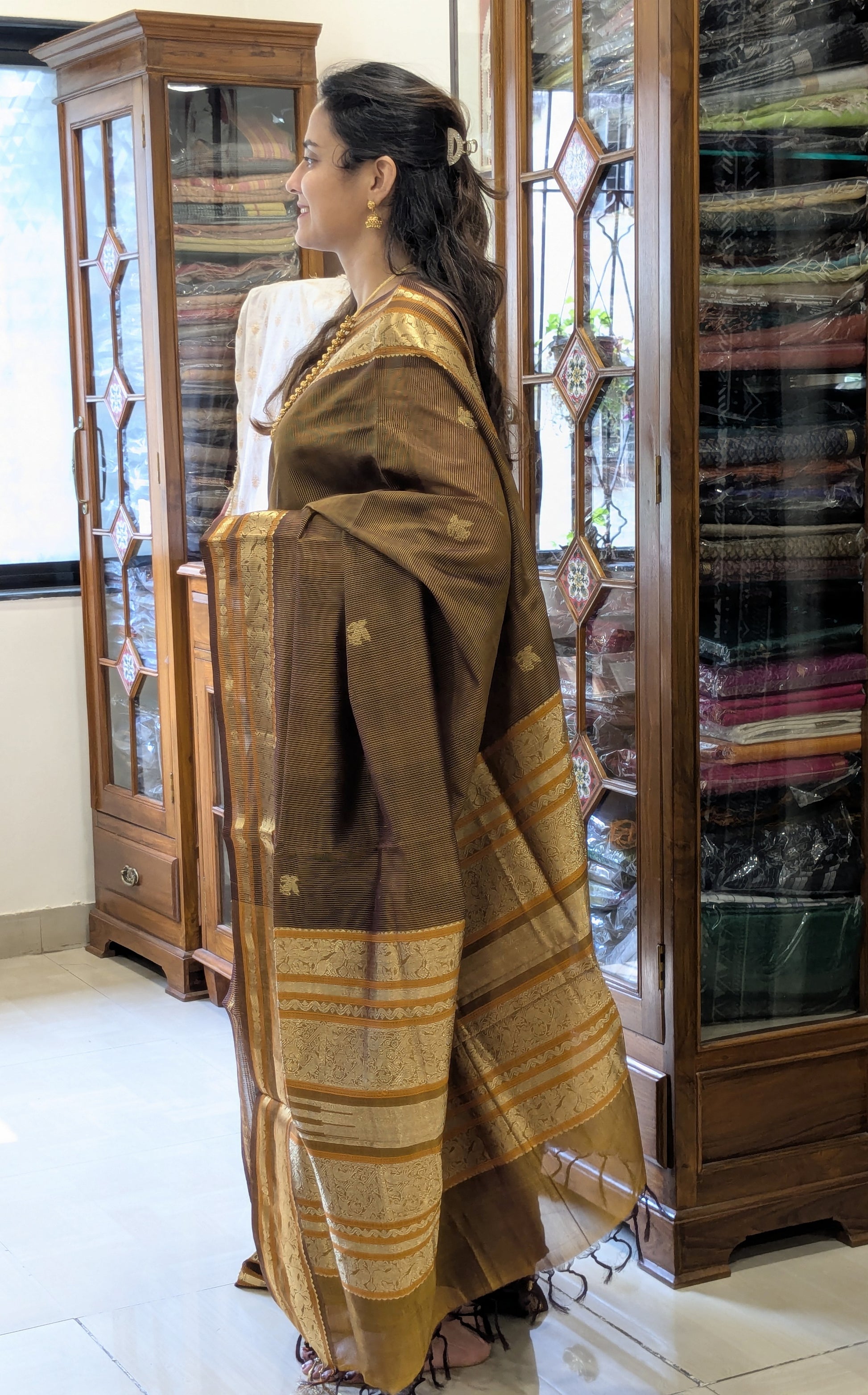 Golden Kanjeevaram Silk Cotton Saree with Black Stripes, Buttis & Zari Pallu