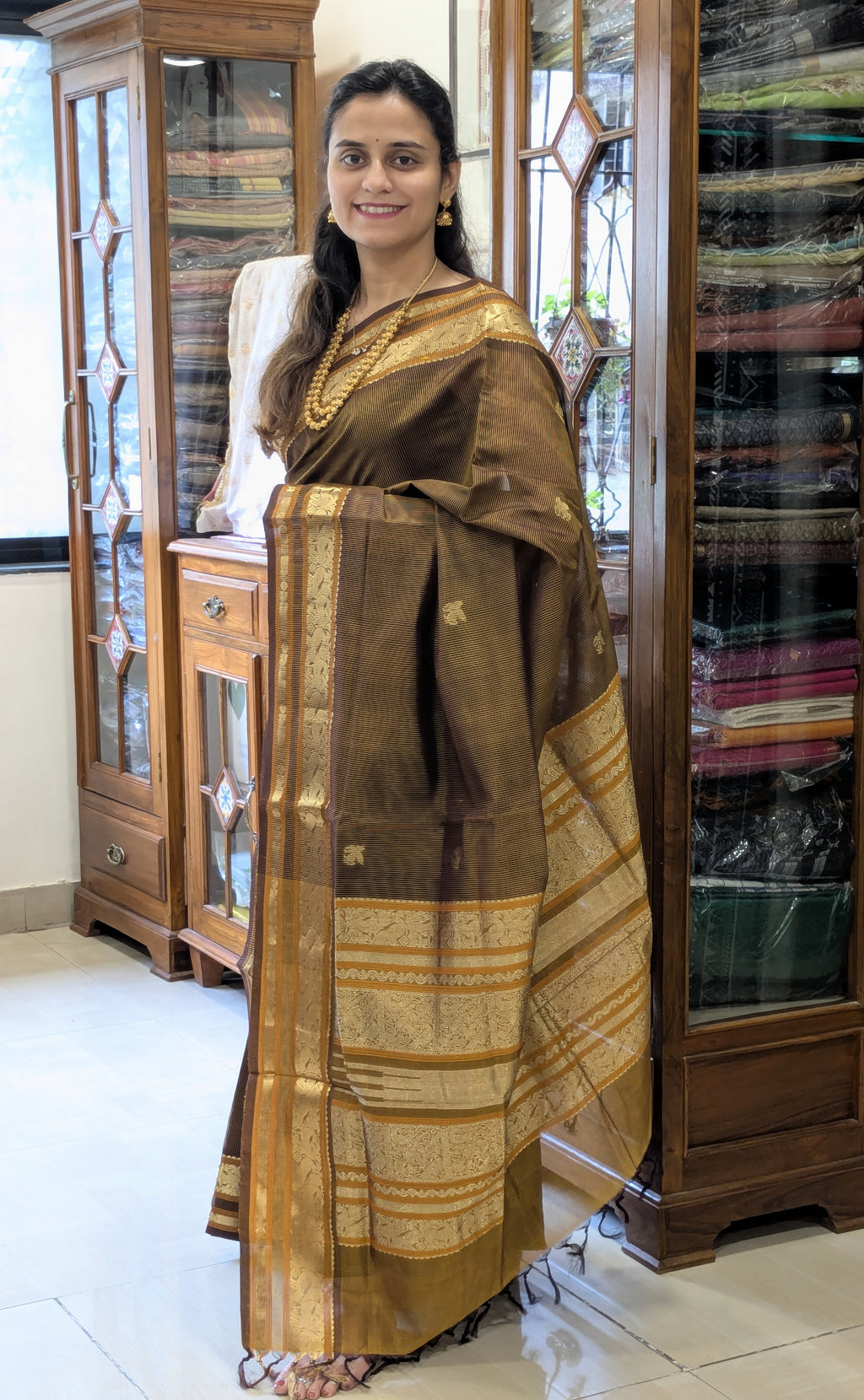 Golden Kanjeevaram Silk Cotton Saree with Black Stripes, Buttis & Zari Pallu