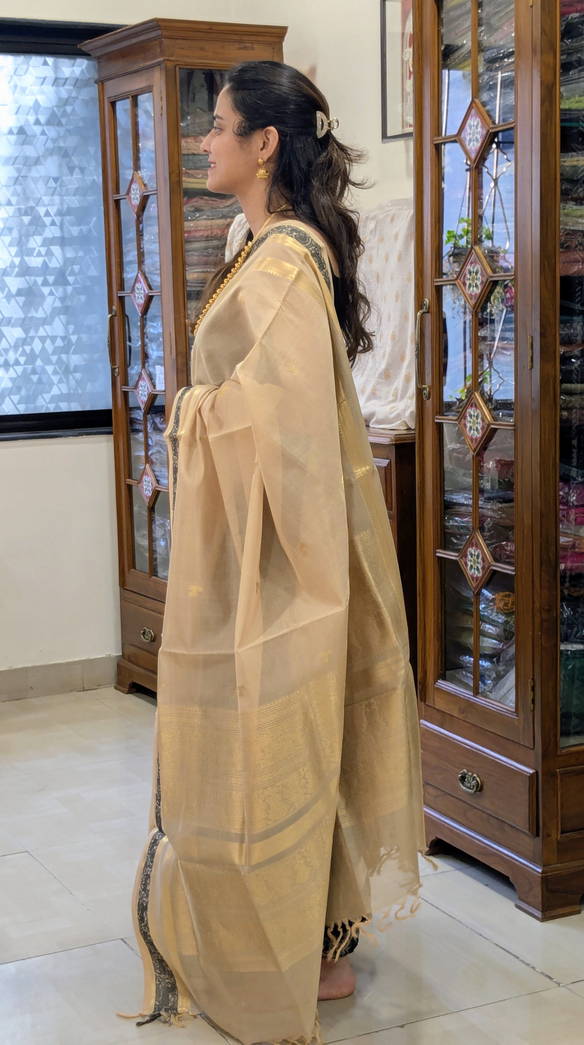 Beige Silk Cotton Traditional Kanjivaram Saree
