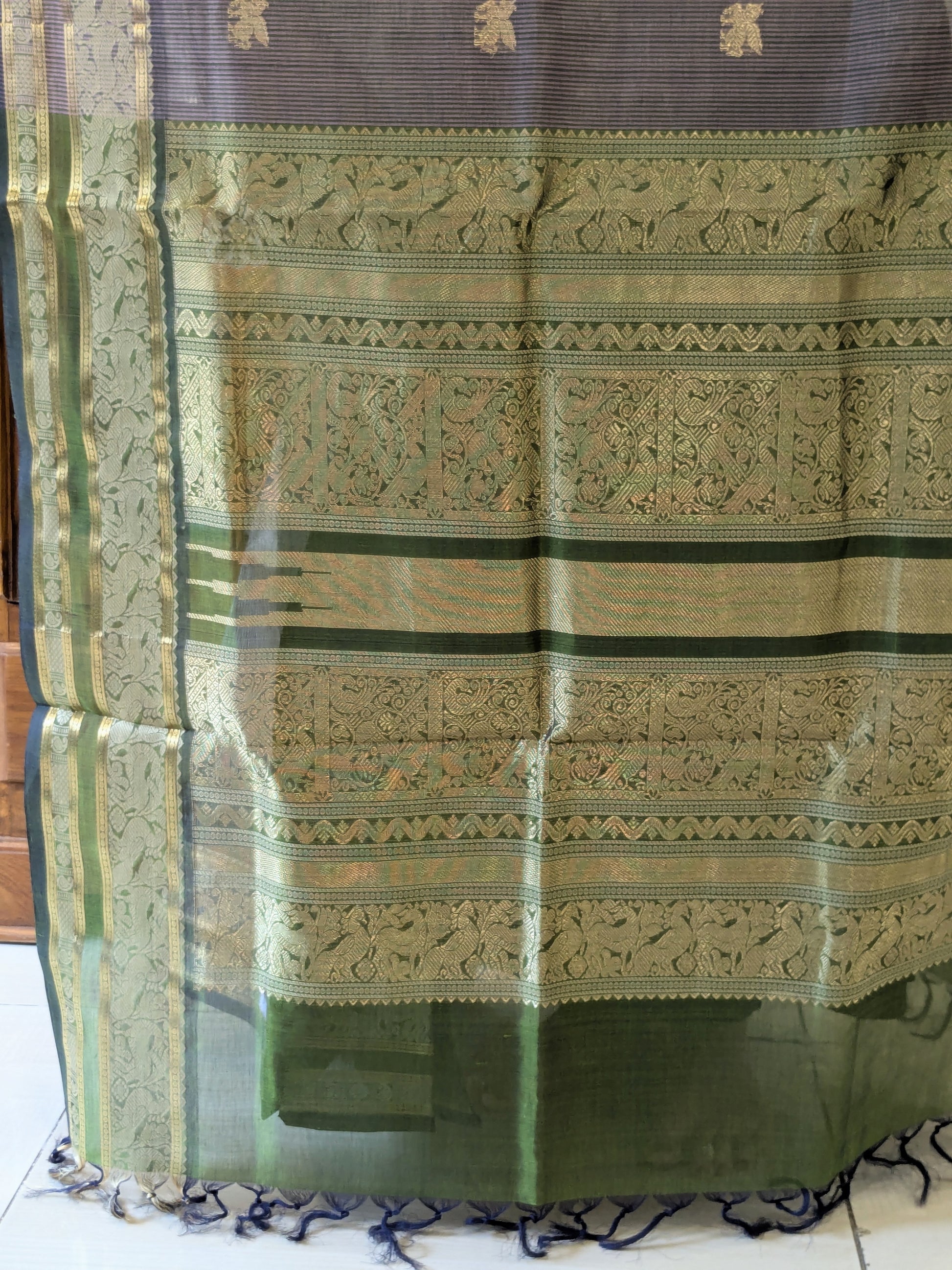Grey Kanjeevaram Silk Cotton Saree with Green Stripes, Buttis & Zari Pallu