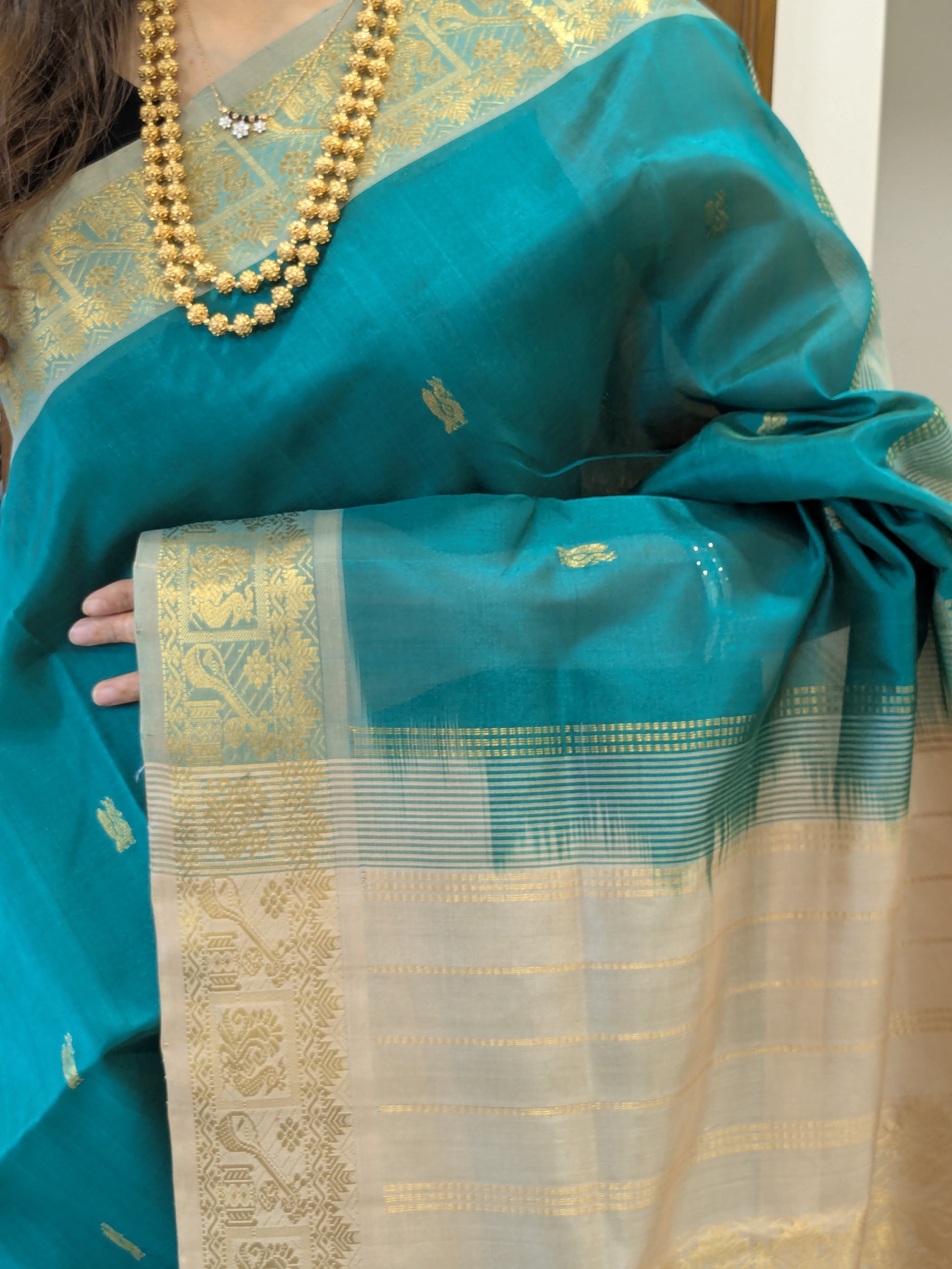 Green and Beige Silk Cotton Kanjivaram Saree