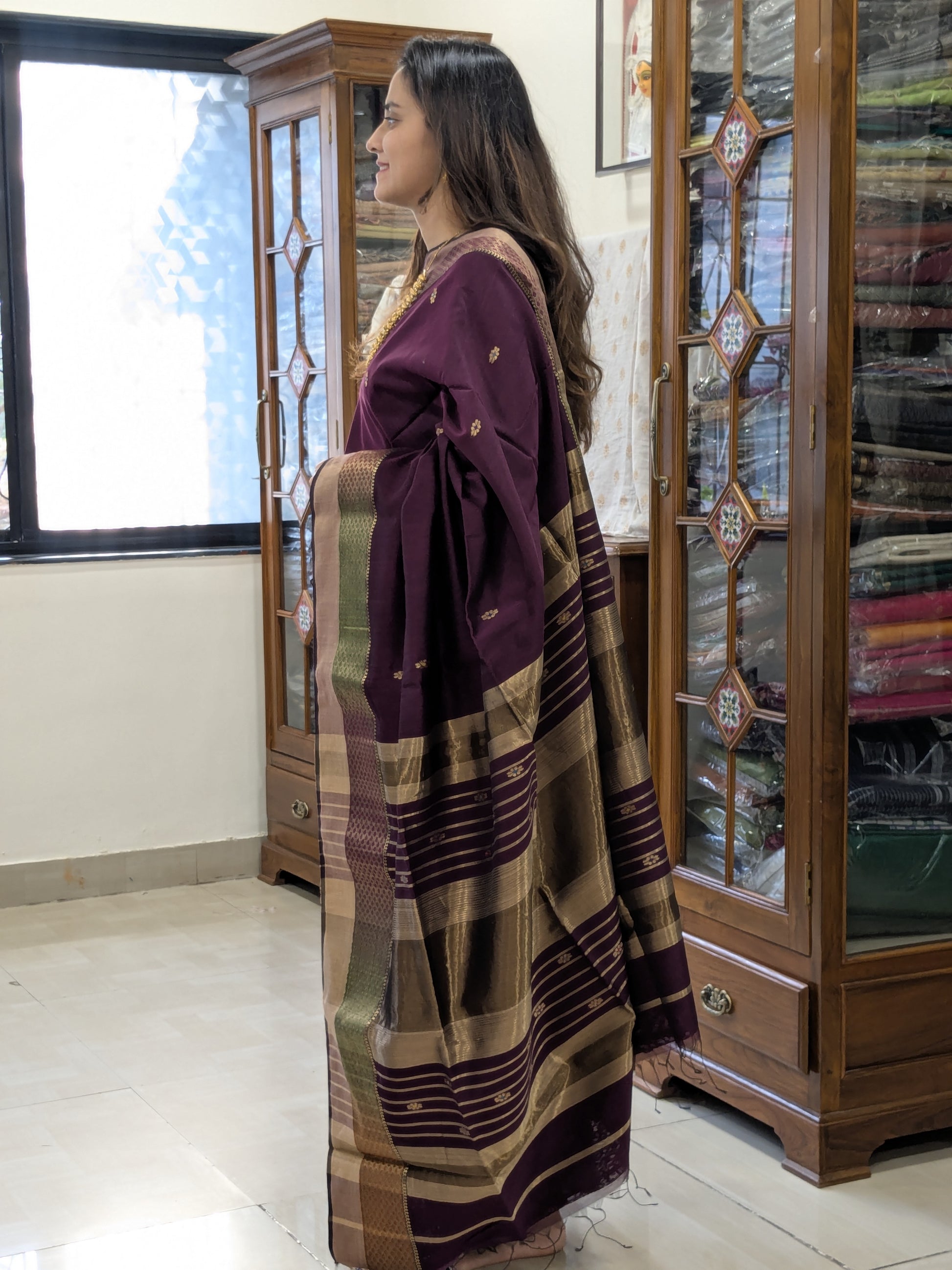 Maheshwari Silk Cotton Wine Meena Butti Saree